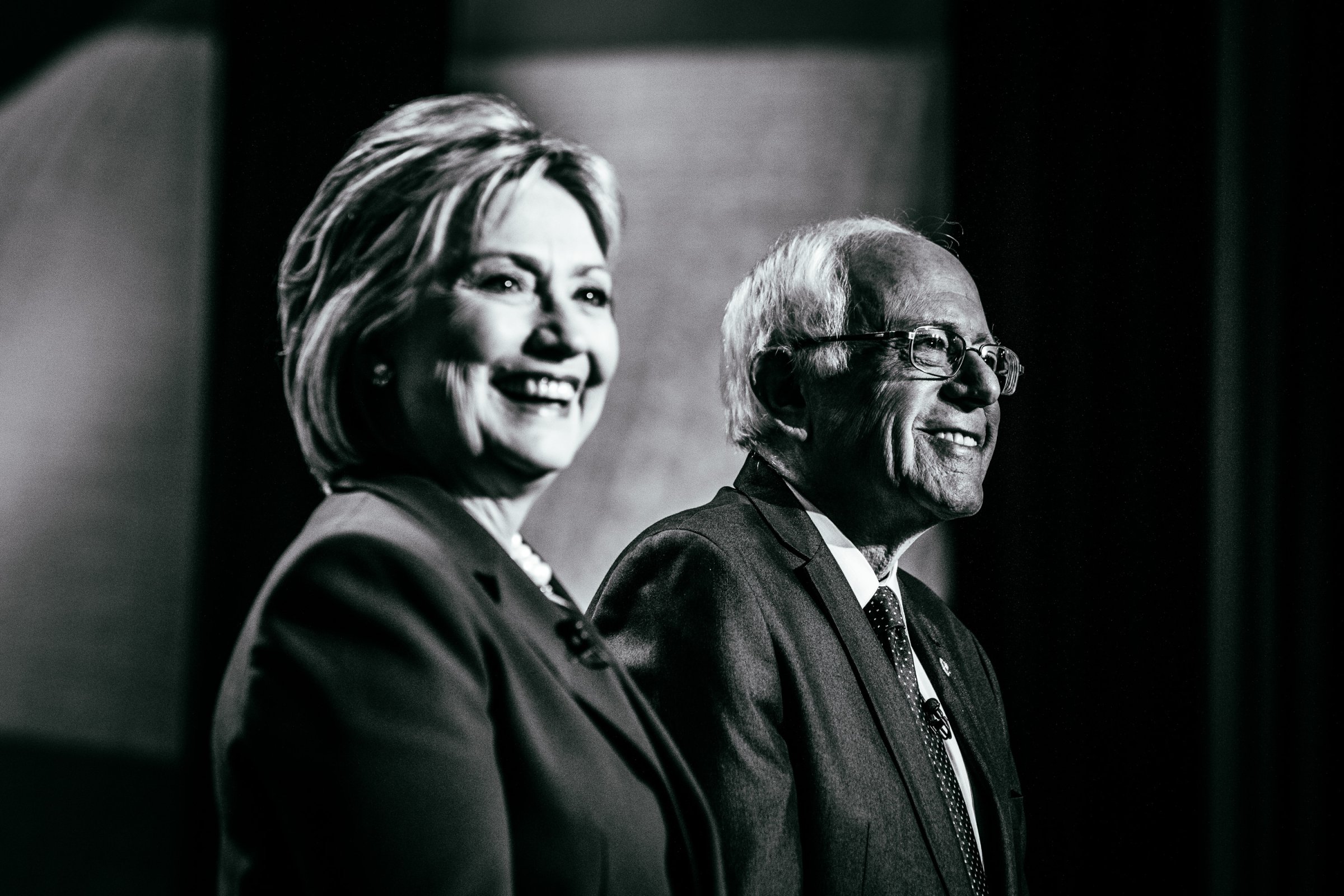 Democratic presidential candidates former Secretary of State Hillary Clinton and U.S. Sen. Bernie Sanders (I-VT) appear at a Democratic debate at the University of New Hampshire on Feb. 4, 2016 in Durham, N.H.