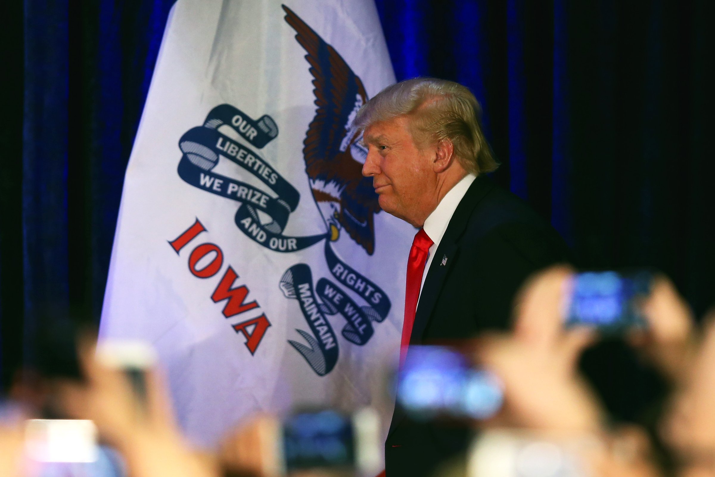 Republican presidential candidate Donald Trump appears at his Iowa Caucus night gathering Feb. 1, 2016 in Des Moines, Iowa.