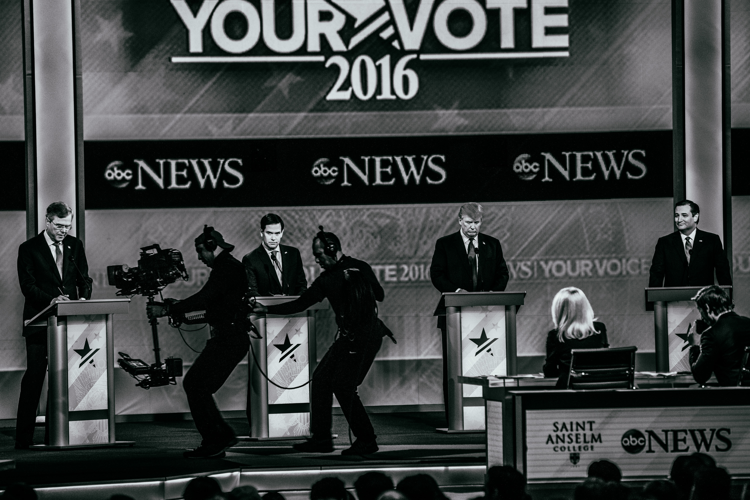 Republican presidential candidates, from left, Jeb Bush, Marco Rubio, Donald Trump and Ted Cruz appear during the Republican presidential debate on Feb. 6, 2016, in Manchester, N.H. (Nate Gowdy for TIME)
