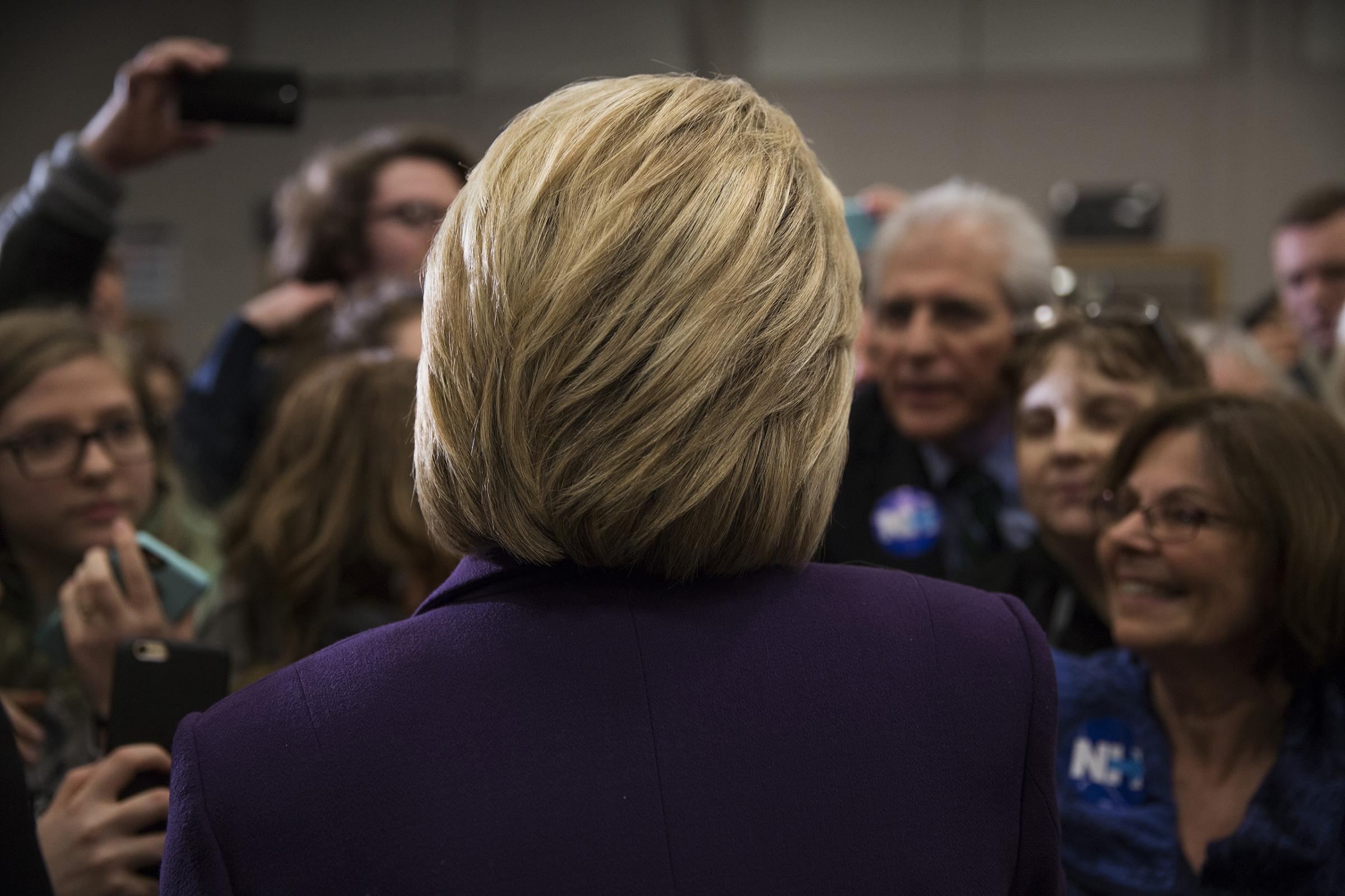 February 2, 2016 - Hampton, New Hampshire, United States: Democratic Presidential candidate, Hillary Clinton (Back of her head) while campaigning with Gabby Giffords and Mark Kelly at Winnacunnet High School. Photograph by James Nachtwey for TIME
