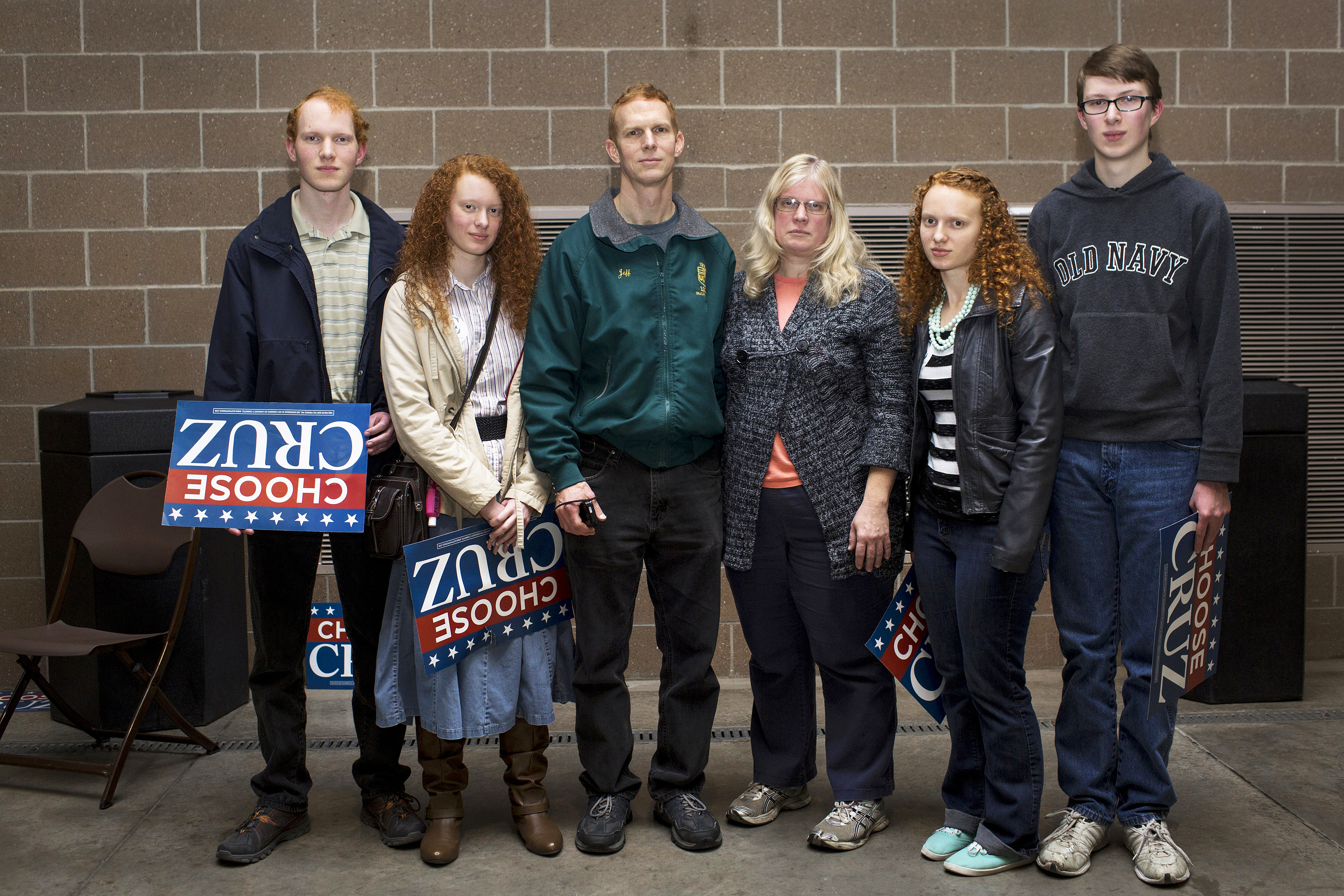 Supporters attend a rally for Ted Cruz in Des Moines, Iowa, on Jan. 31, 2016. The  Stilwell family pose for a portrait after the rally. Jeff, the father of the family, said  Ted Cruz is solid in God. He doesn't just say it, or sign bills, he fights for what he believes. He brings the fight to the battlefield, and that's what we need. He knows he's going to heaven. He's a true Christian. Without God we're nothing. There are absolutely moral wrongs and rights and he's fighting for what's right.