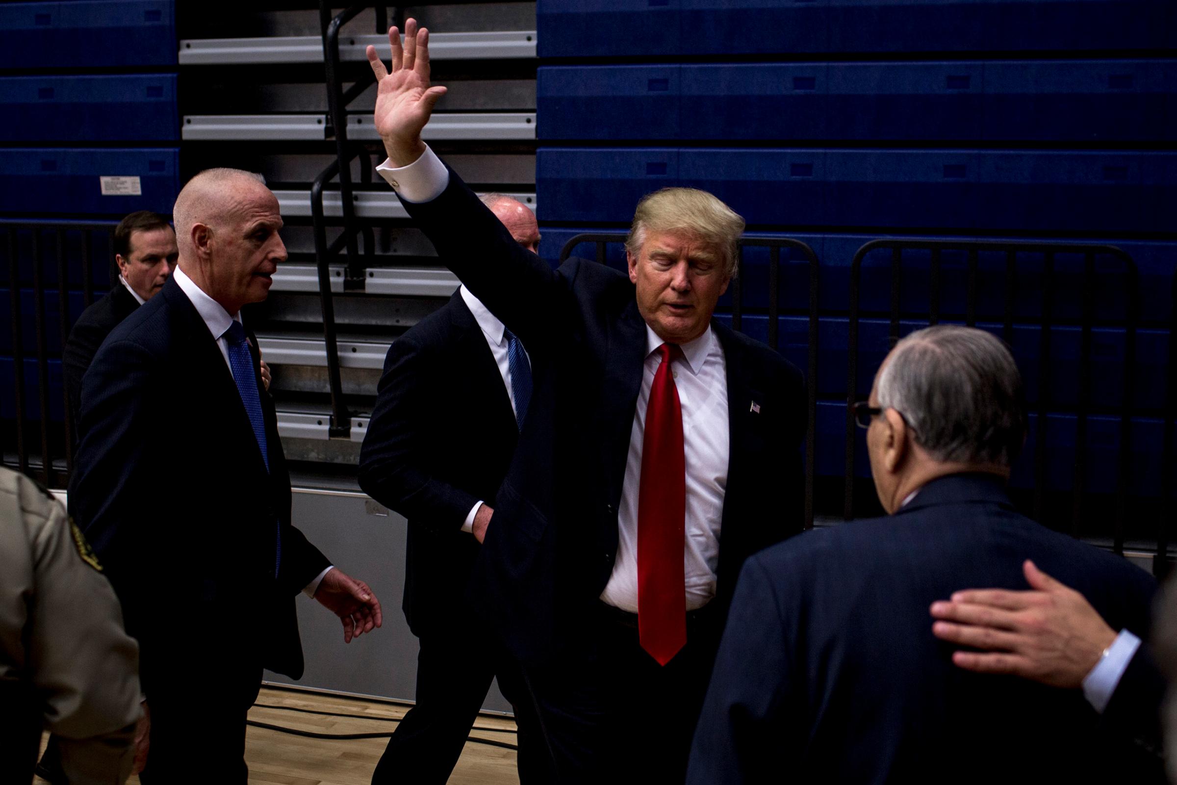 January 26, 2016. Des Moines Iowa. A Donald Trump Rally at Marshalltown Community School District - Roundhouse Gymnasium. As Iowa's Caucuses approach, candidates converge on the state for campaign events. On Monday evening democratic candidates Clinton, O'Malley and Sanders held a Town Hall sponsored by CCN at Drake University in Des Moines. (Natalie Keyssar)