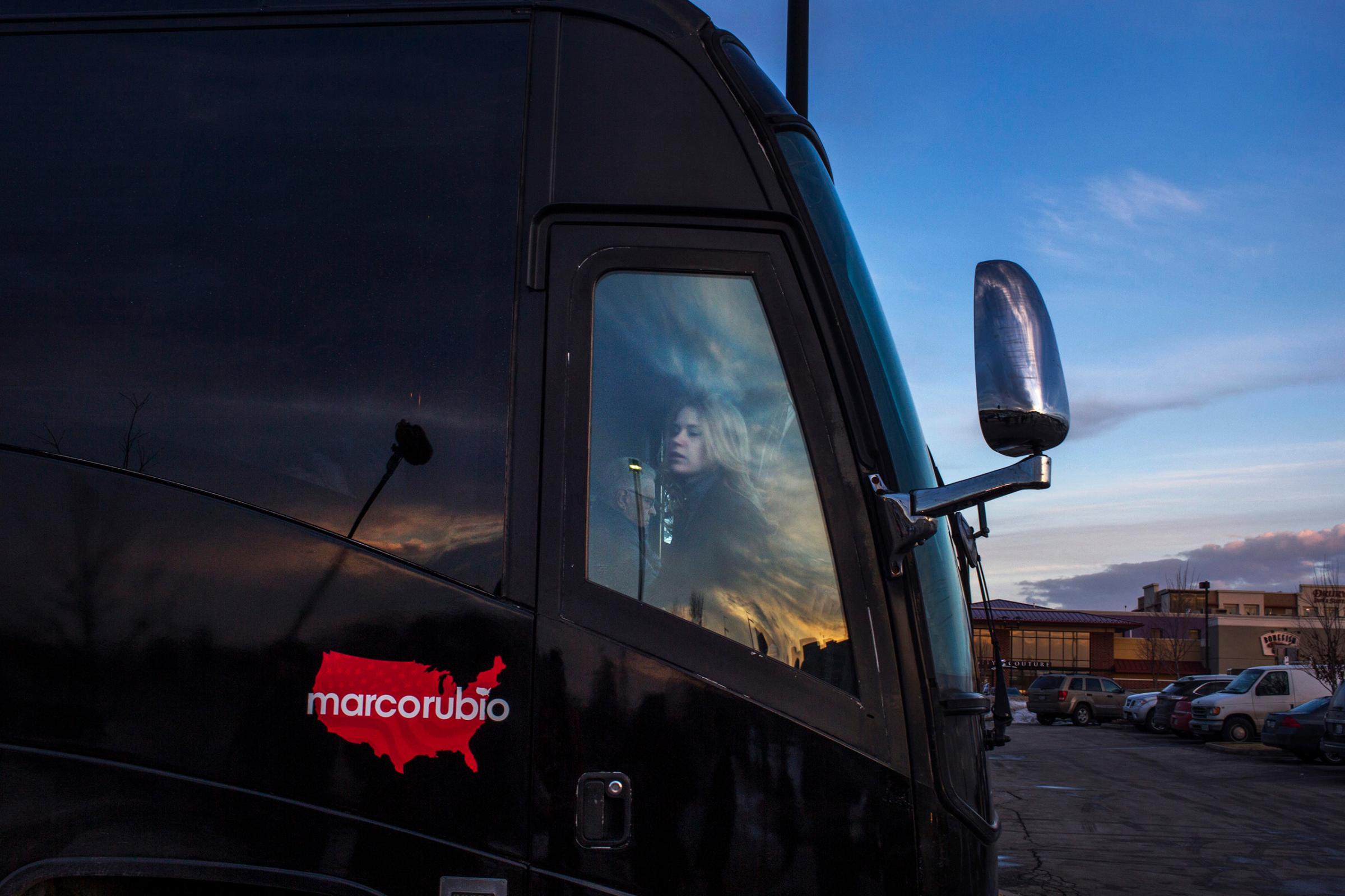 Rubio's bus is seen before he comes out. Marco Rubio spoke to supporters at a campaign rally at the Wellman's Pub and Rooftop in Des Moines Iowa on Wednesday evening, January 27th 2016. (Natalie Keyssar for TIME)