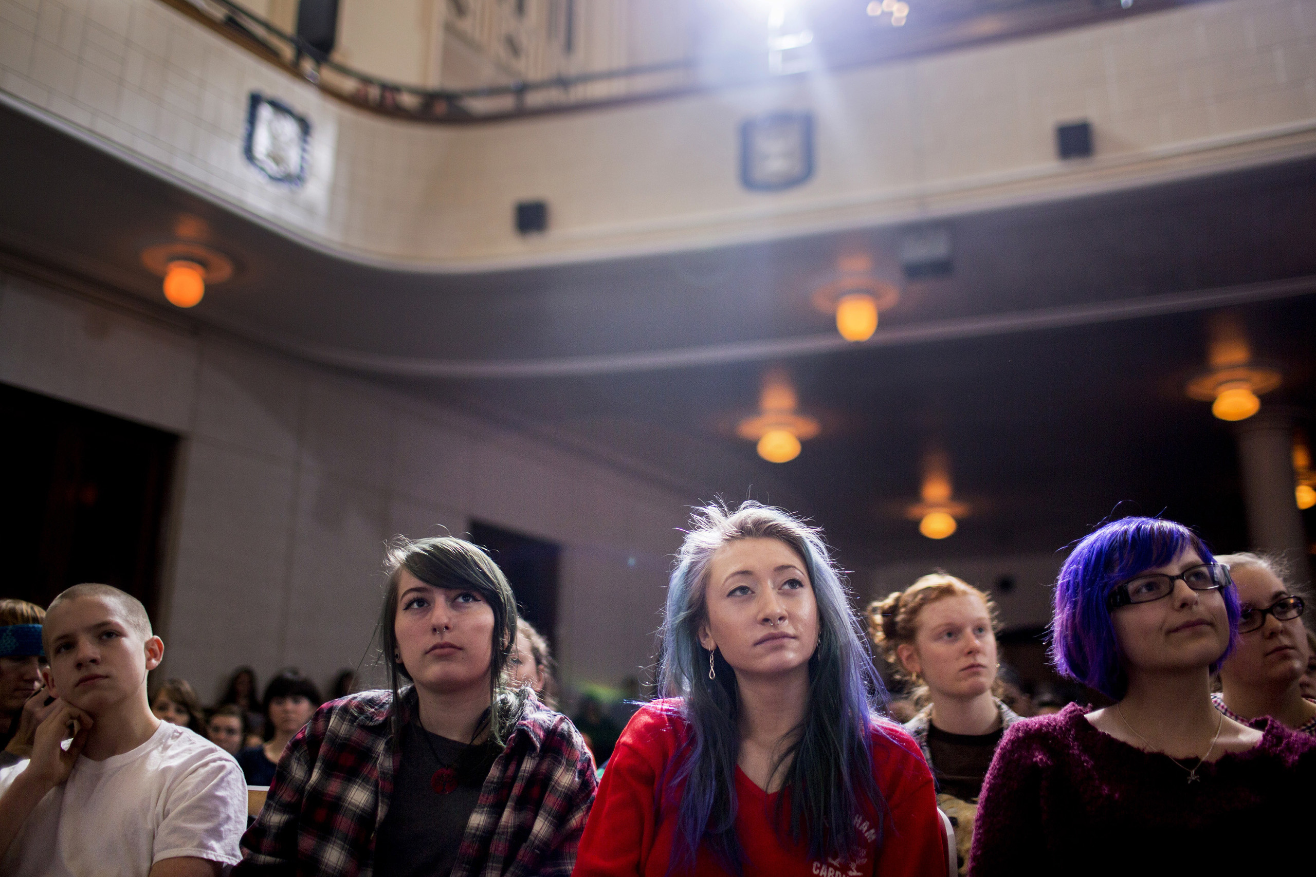 Students listen to Bernie Sanders during a stop at Roosevelt High School in Des Moines, Iowa, on Jan. 28, 2016.