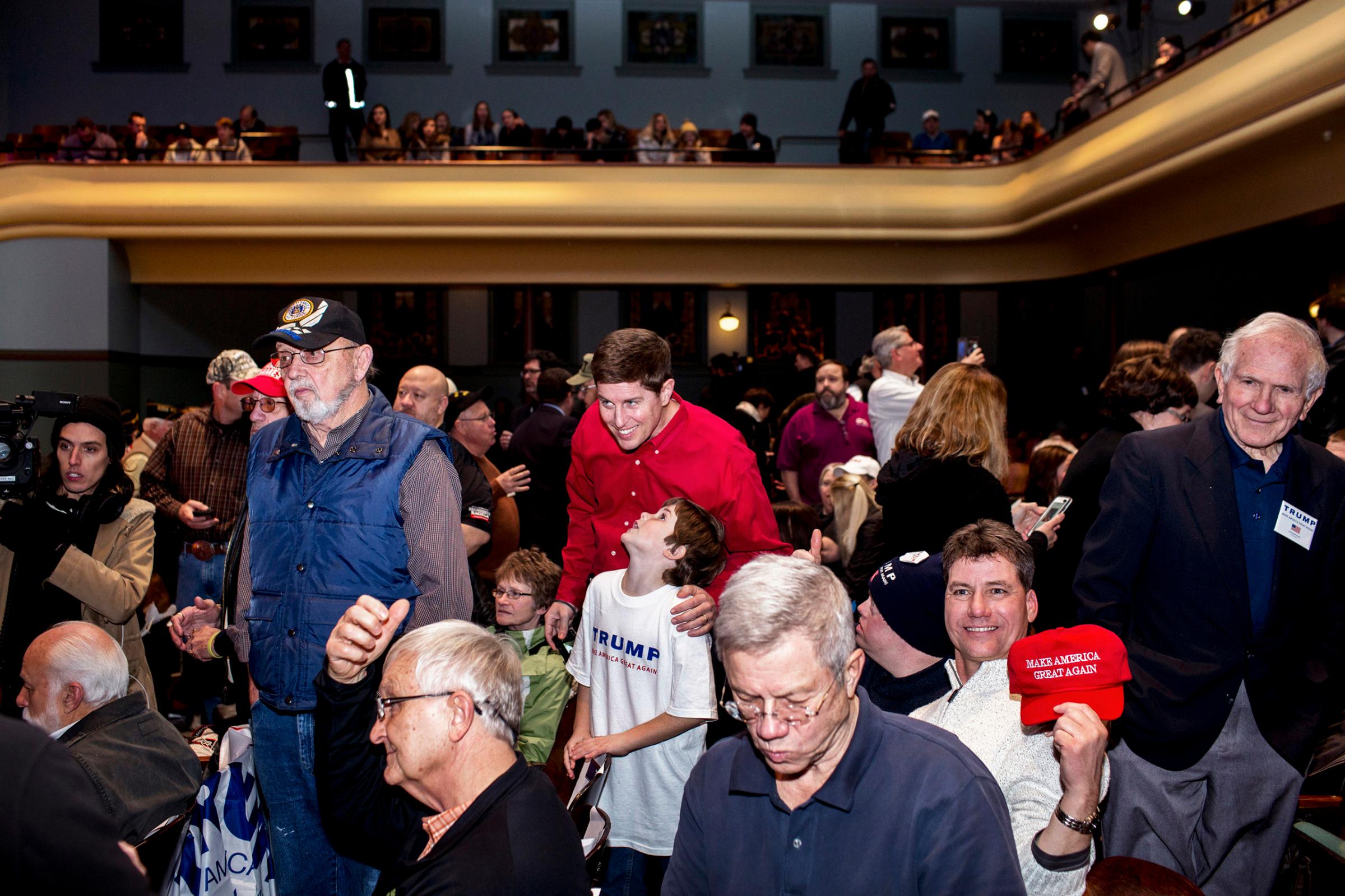 Donald Trump held a benefit rally/campaign rally for the Wounded Warriors, a charity organization for Veterans, at Drake University in Des Moines Iowa on Thursday morning, January 28th 2016. The event was timed to coincide with the Republican debates on Fox which he declined to attend. His event was attended by supporters, veterans and donors, as well as fellow candidates Rick Santorum and Mike Huckabee. (Natalie Keyssar for TIME)