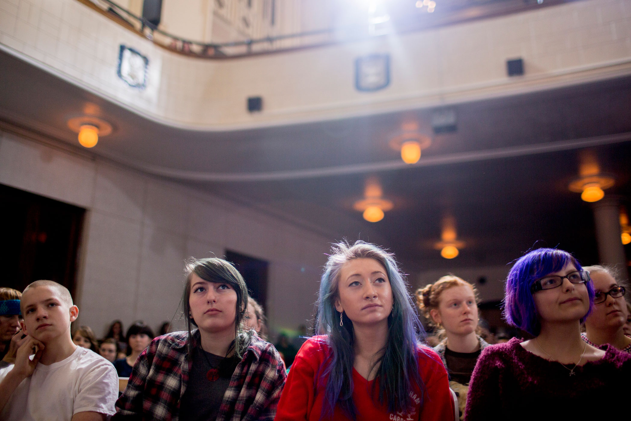 Students listen to Bernie Sanders during a stop at Roosevelt High School in Des Moines, Iowa on Jan. 28, 2016.
