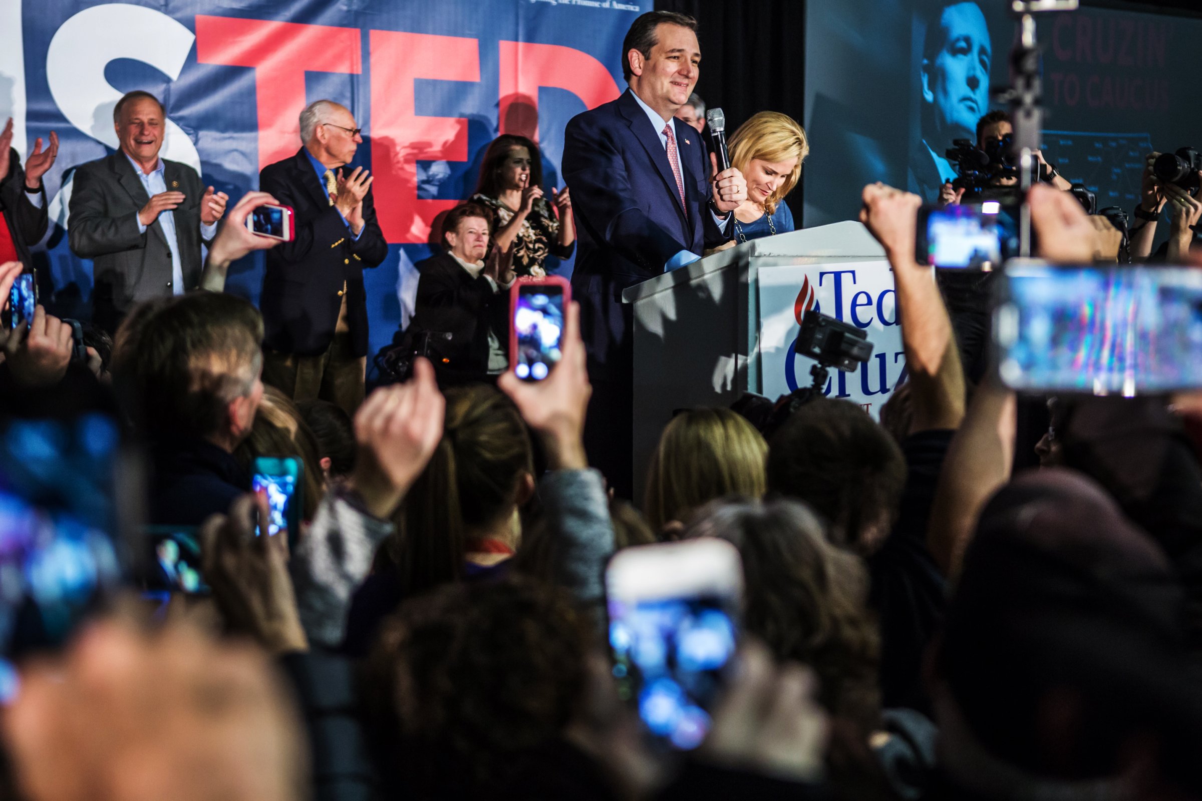 Republican presidential candidate Sen. Ted Cruz, r-TX, joined by his wife Heidi Cruz, speaks at a caucus night rally in Des Moines, Iowa, on Feb. 1, 2016.