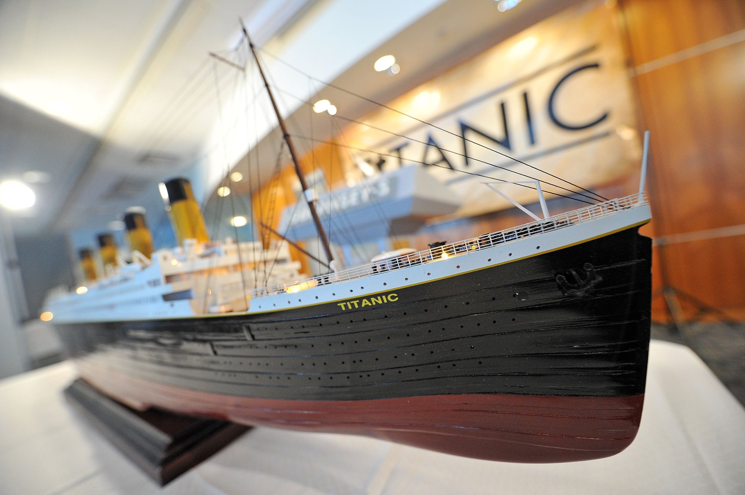 A scale model of the RMS Titanic on display at the Titanic Auction preview at the Intrepid Sea-Air-Space Museum on January 5, 2012 in New York City.