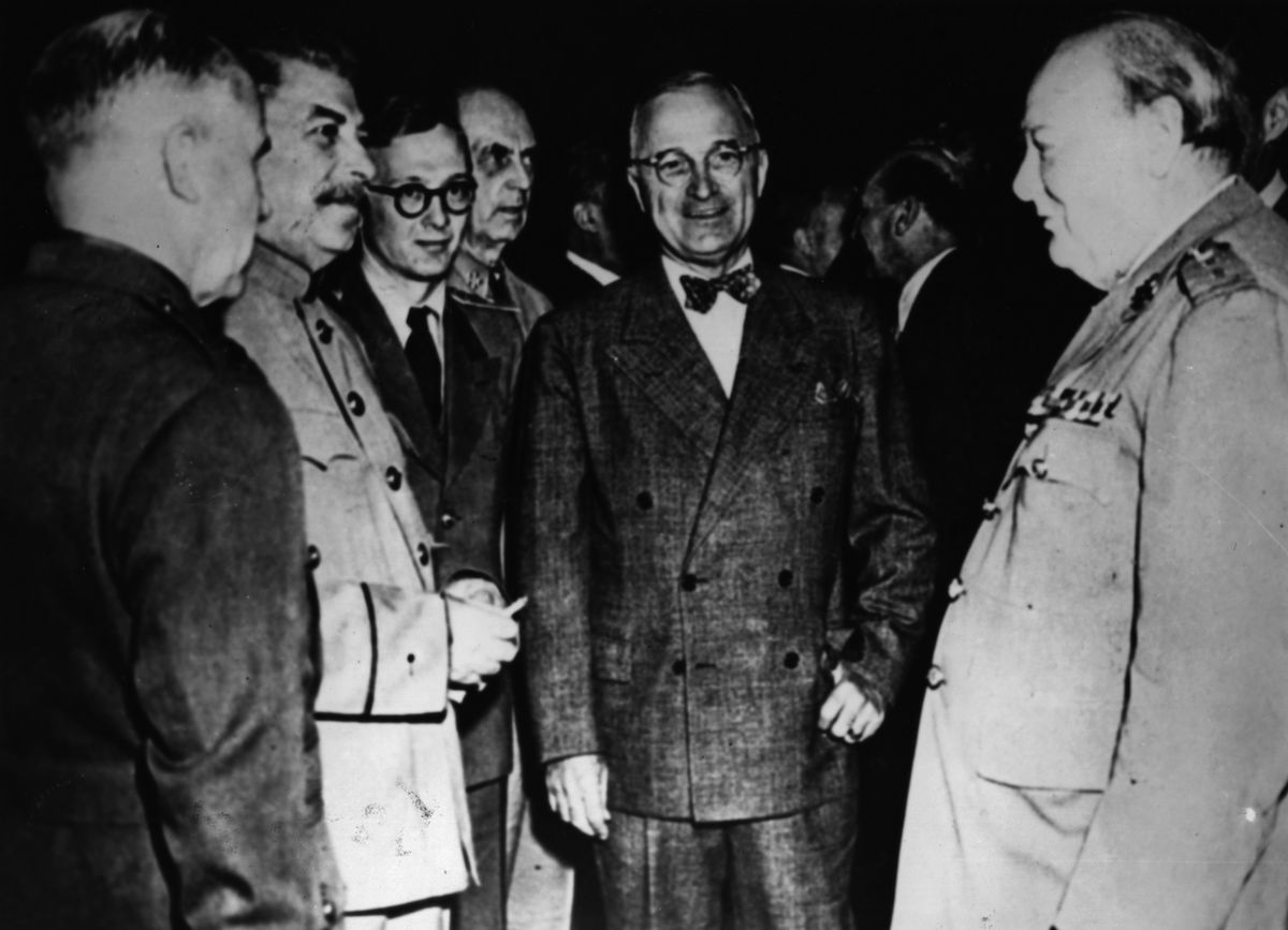 The American statesman and 33rd President Harry S. Truman (1884 - 1972) meets with Joseph Stalin (1879 - 1953) the Soviet leader and Winston Leonard Spencer Churchill (1874 - 1965) at the Potsdam Conference, circa 1945. (Keystone / Getty Images)