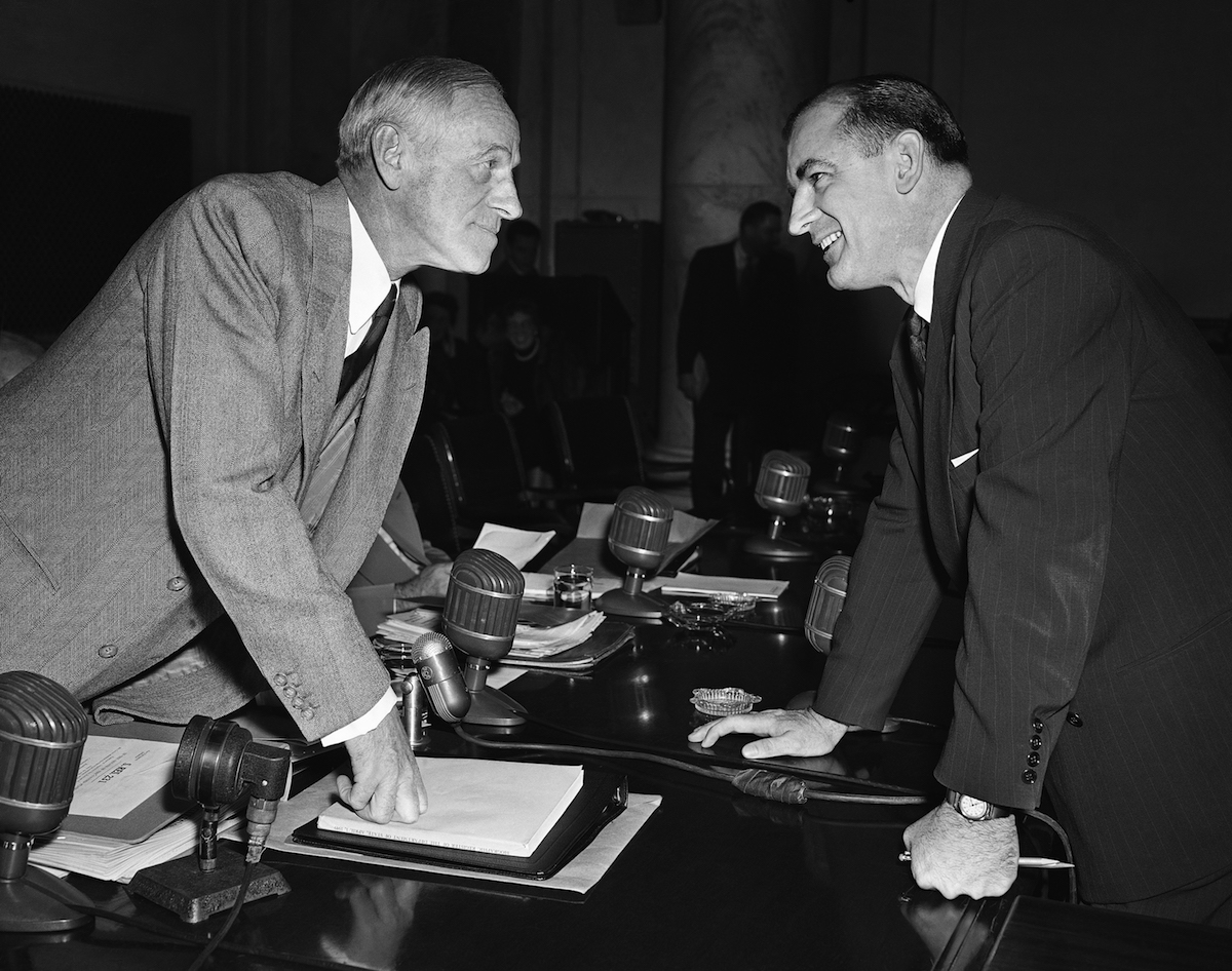 A (real) photograph of Sen. Joseph McCarthy (R-Wisc.), right, and Sen. Millard Tydings (D-Md.) in March of 1950. (Herbert K. White—AP)