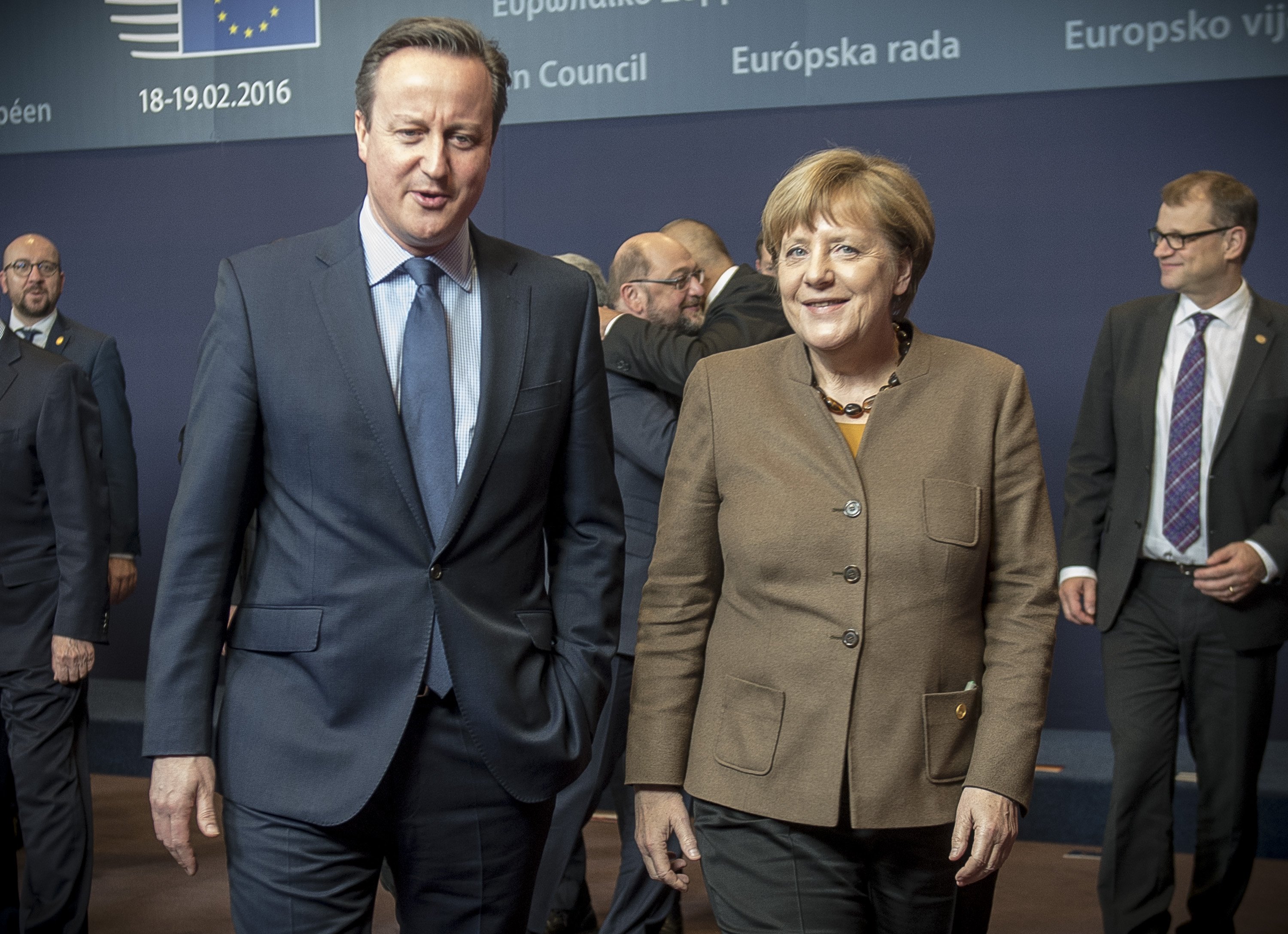 David Cameron and Angela Merkel during a EU Summit in Brussels, Belgium on Feb. 18, 2015. (Wiktor Dabkowski—dpa/Corbis)
