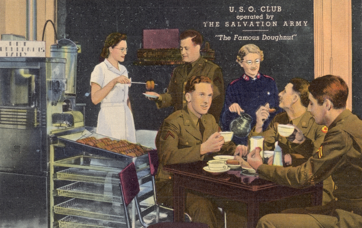 Officers at USO Club. ca. 1942, USA, 'A Home Away From Home' U.S.O. CLUB operated by THE SALVATION ARMY. 'The Famous Doughnut'
