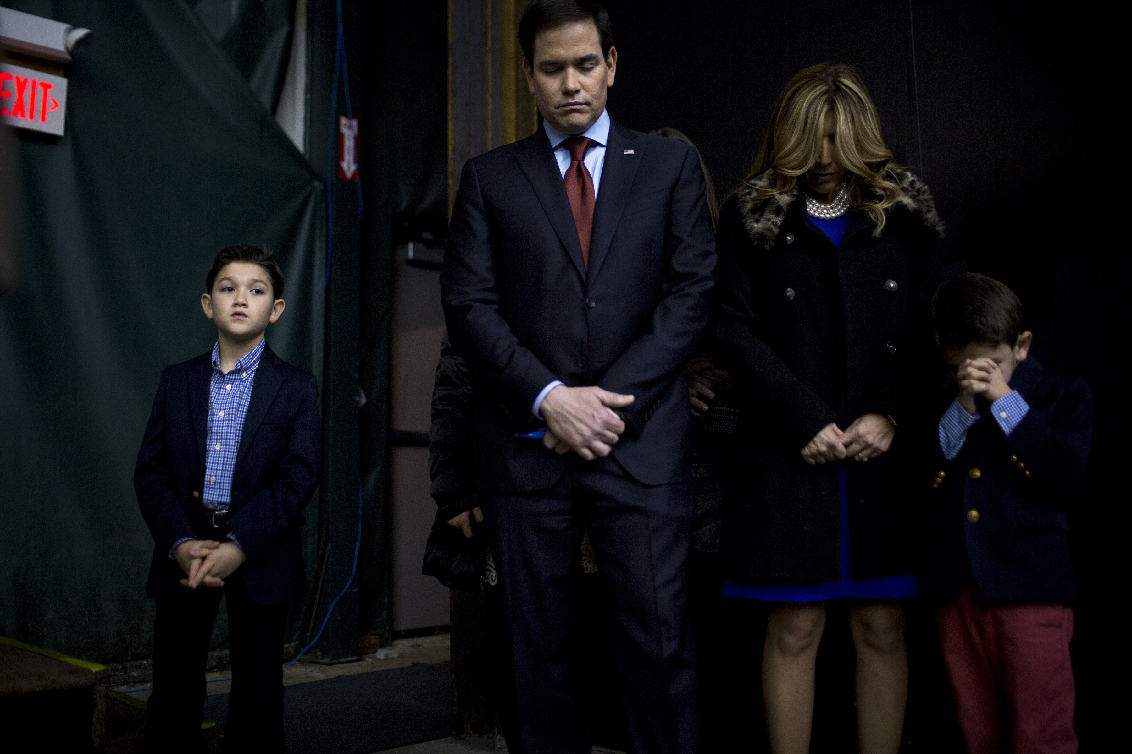 Republican presidential candidate, Marco Rubio, appeared at a GOP caucus location with his family on Feb. 1, 2016, in Clive, Iowa.