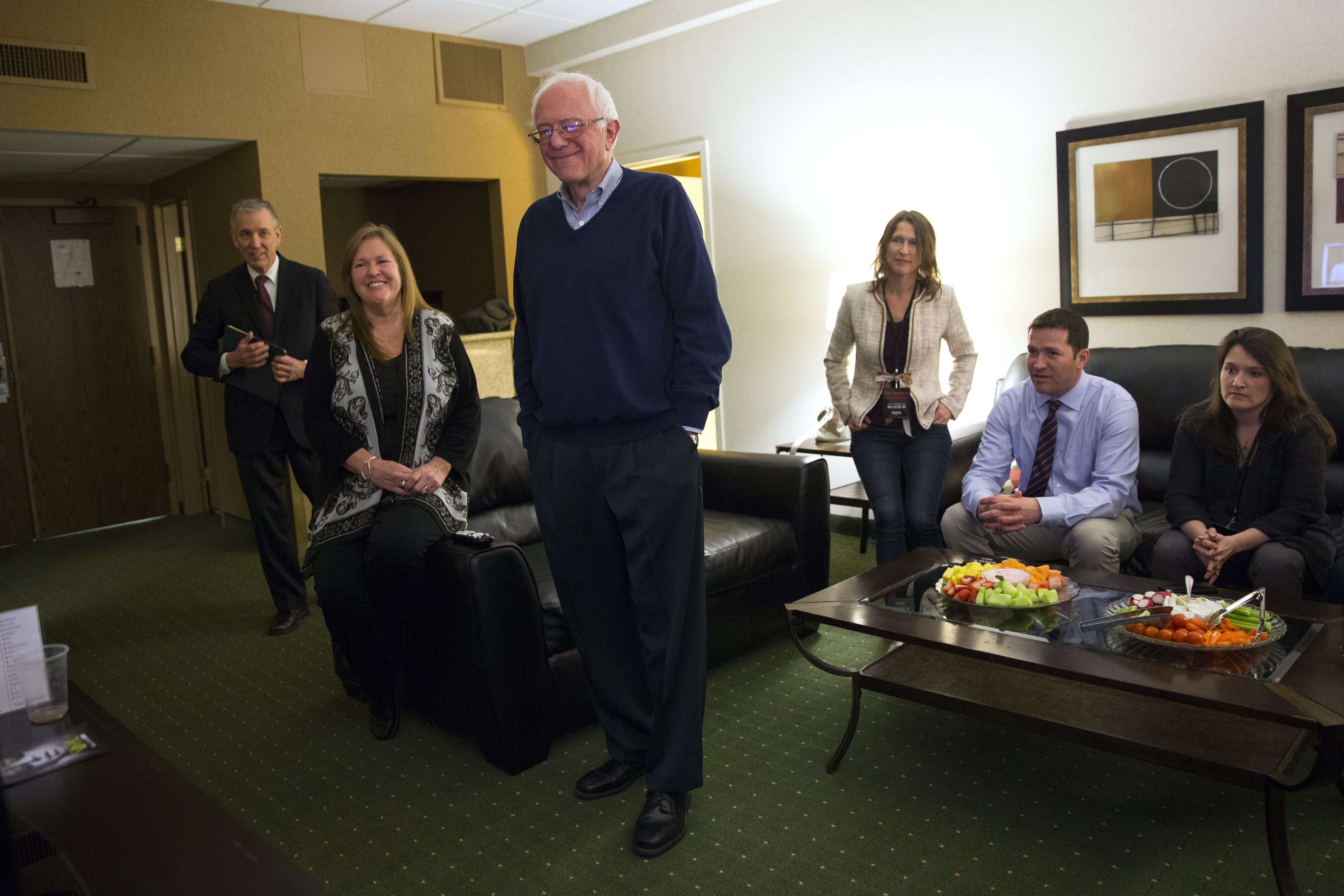 Democratic presidential candidate Sen. Bernie Sanders, I-Vt., watches caucus returns in his hotel room, on Feb. 1, 2016 in Des Moines, Iowa.