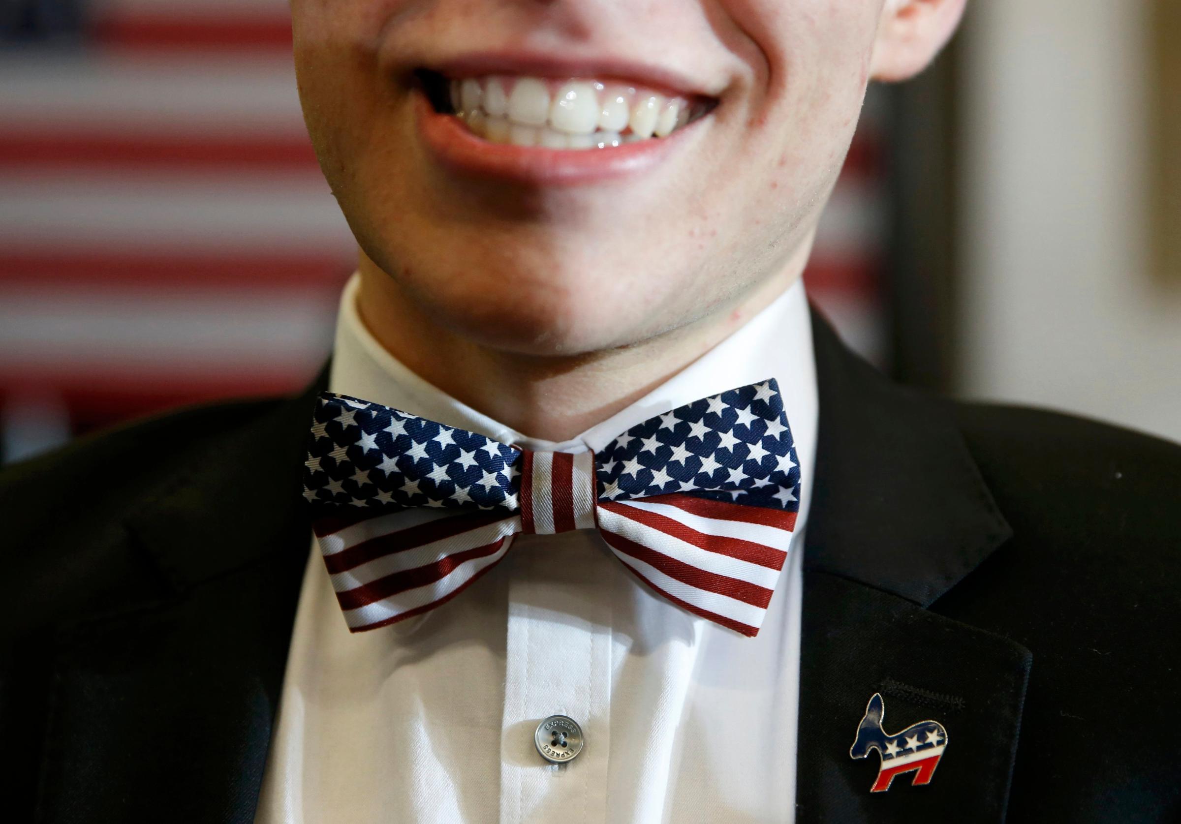 David Evers, a supporter of Democratic presidential candidate Hillary Clinton, attends her caucus night rally in Des Moines, Iowa on Feb. 1, 2016.