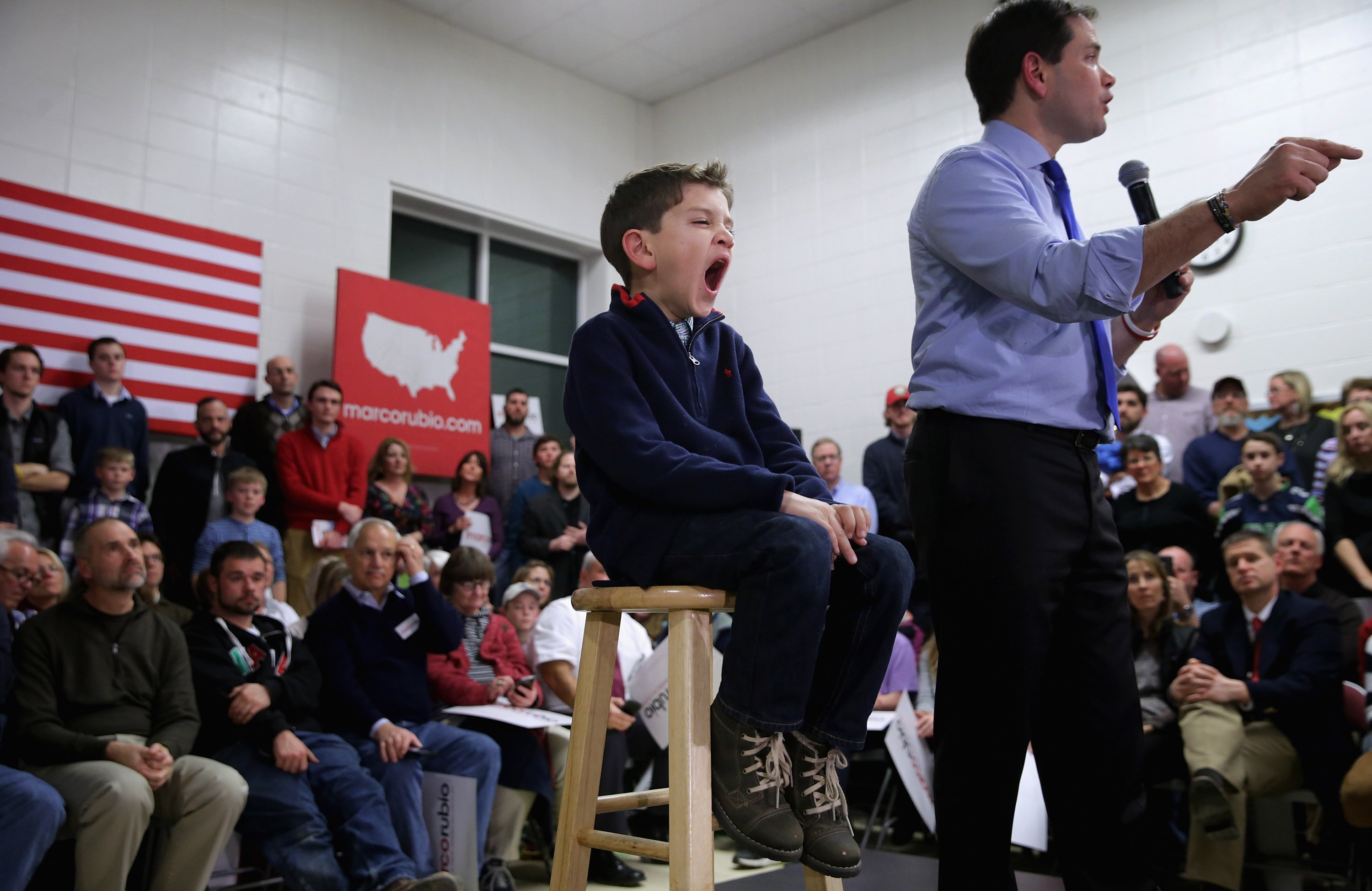 Dominick Rubio, 7, joins his father Republican presidential candidate Sen. Marco Rubio (R-FL) on stage during a campaign town hall event at Mary A. Fisk Elementary School Cafeteria Feb. 4, 2016 in Salem, N.H.