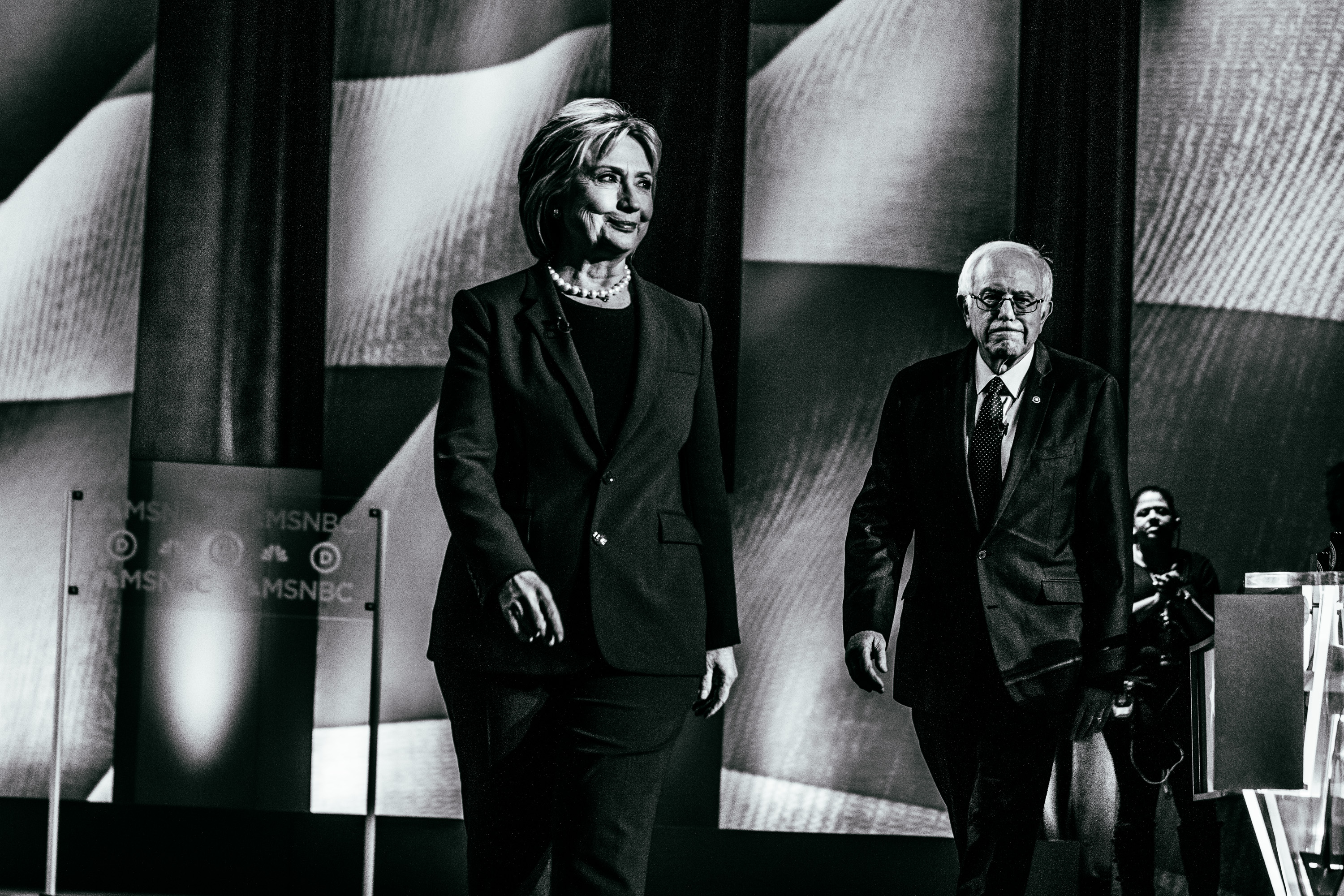 Democratic presidential candidates former Secretary of State Hillary Clinton and U.S. Sen. Bernie Sanders (I-VT) appear at a Democratic debate at the University of New Hampshire on Feb. 4, 2016 in Durham, N.H.