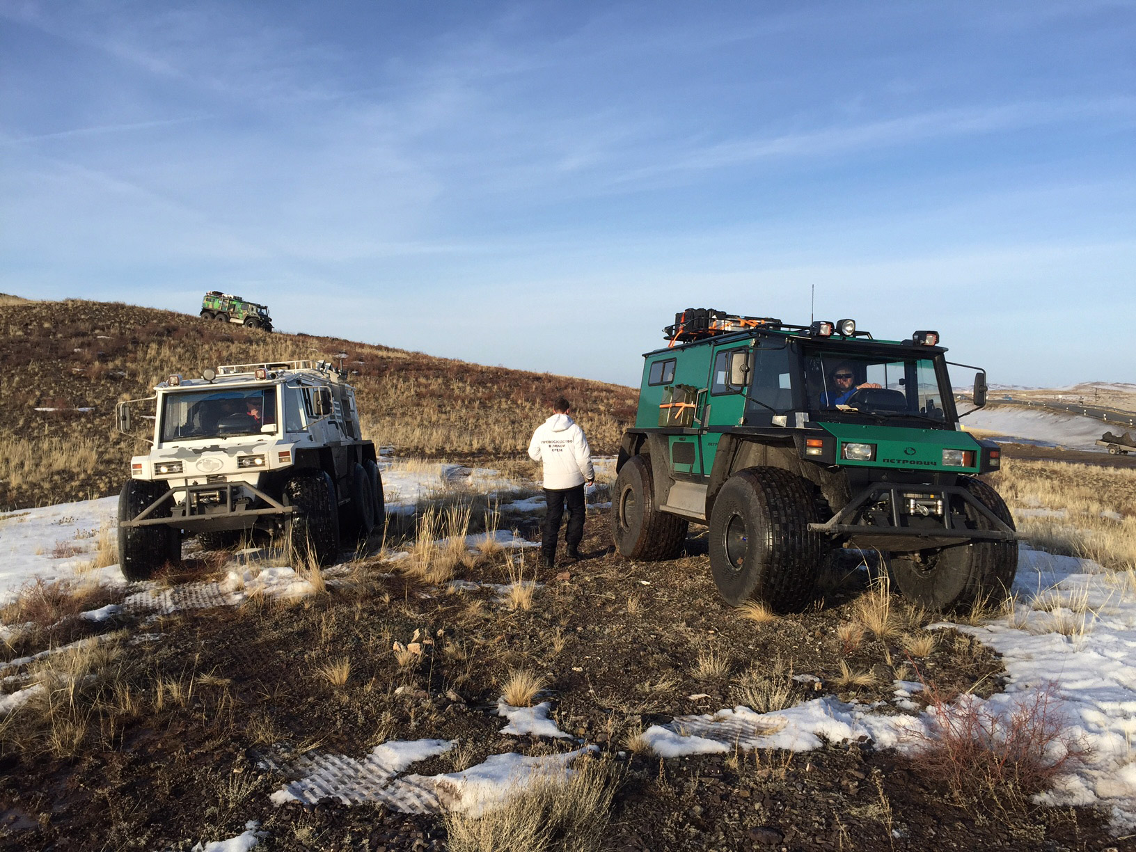 All-terrain vehicles make their way to the landing site about 100km outside Karaganda, Kazakhstan, Feb. 29, 2016. (Jonathan D. Woods—TIME)