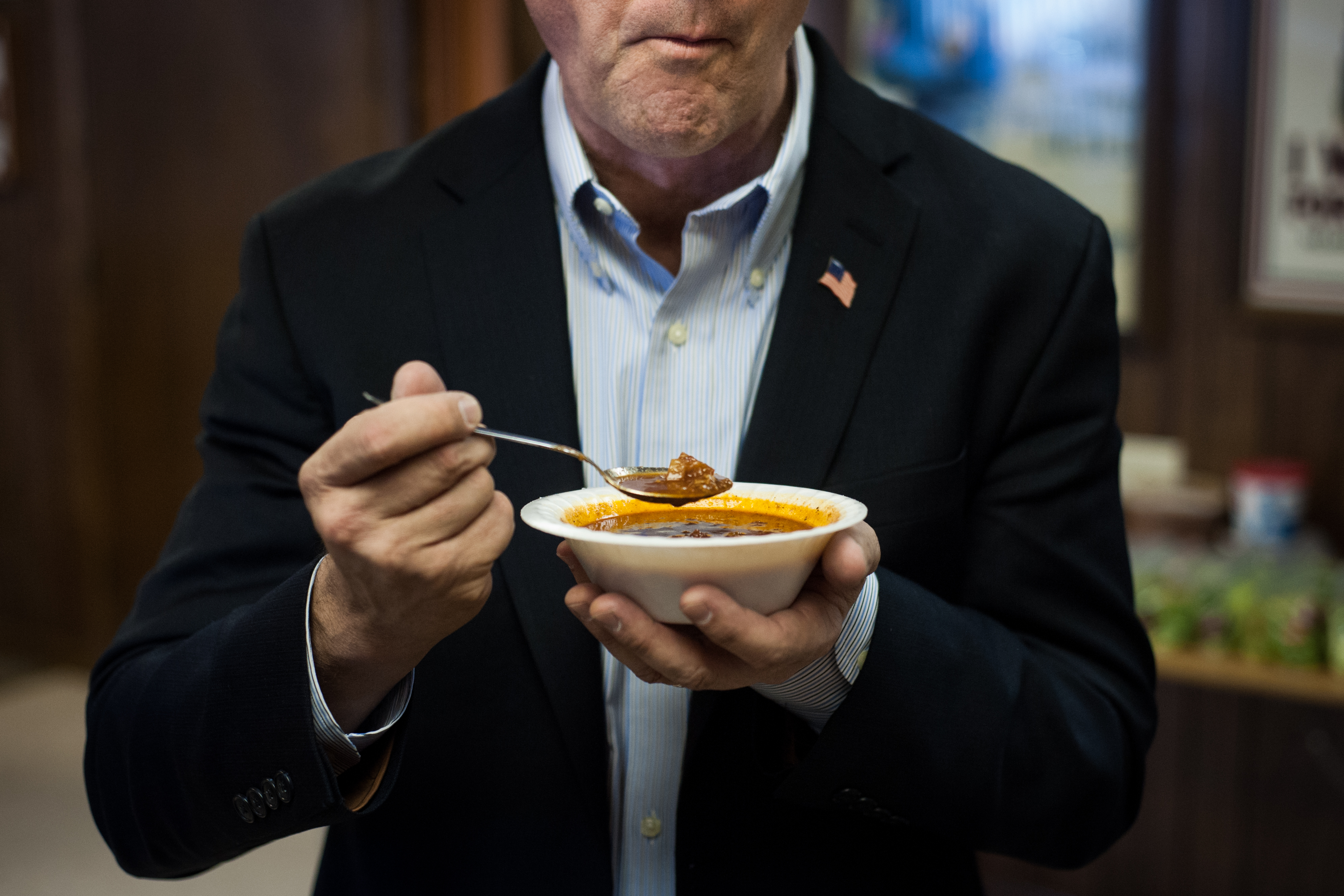 Democratic presidential candidate Governor Martin O'Malley eats a bowl of chili after speaking at the Hardin County 2016 Chili Spectacular at the Iowa Falls American Legion in Iowa Falls, Iowa on Jan. 10, 2016.