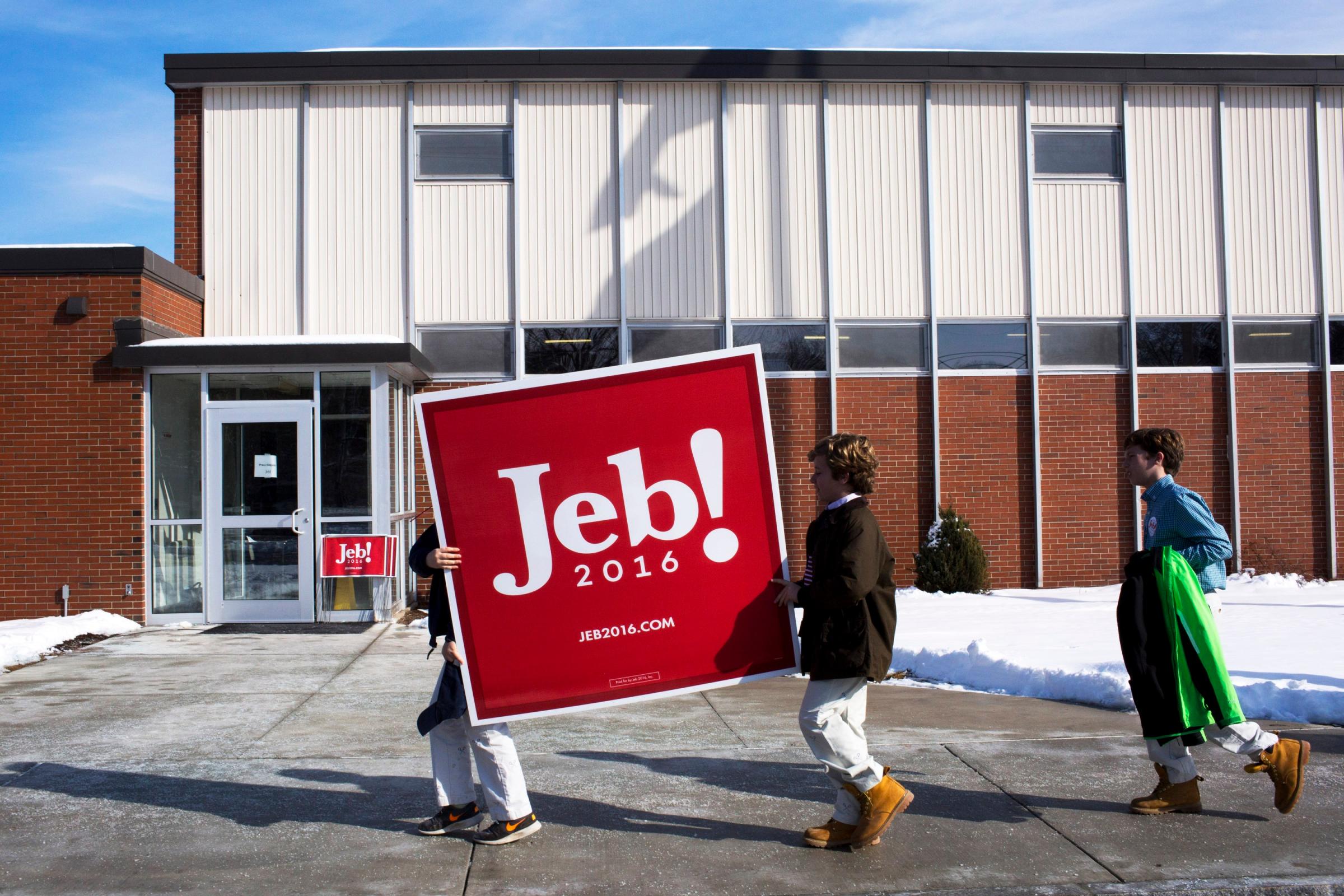 Supporters arrive at a town hall event for Republican presidential candidate Jeb Bush in Bedford, N.H. on Feb. 6, 2016.