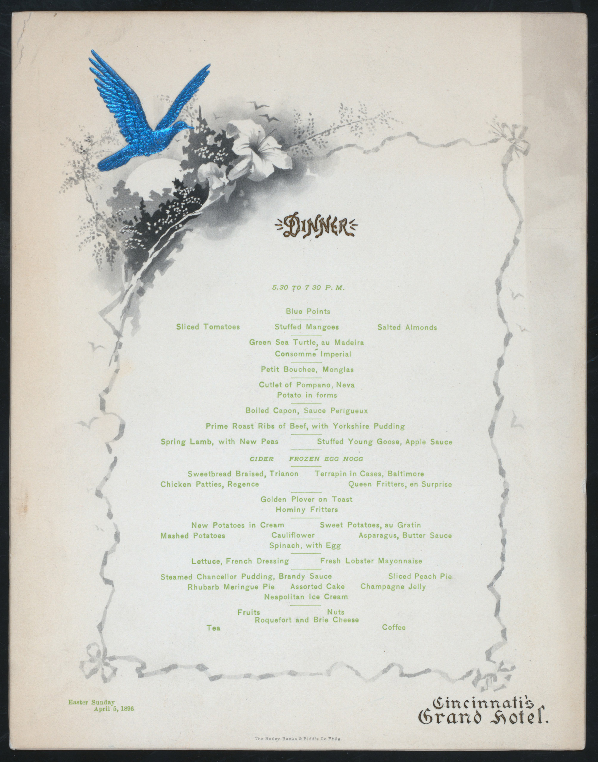 Easter Sunday dinner held by Cincinnati's Grand Hotel in Cincinnati, Ohio. 1896.
