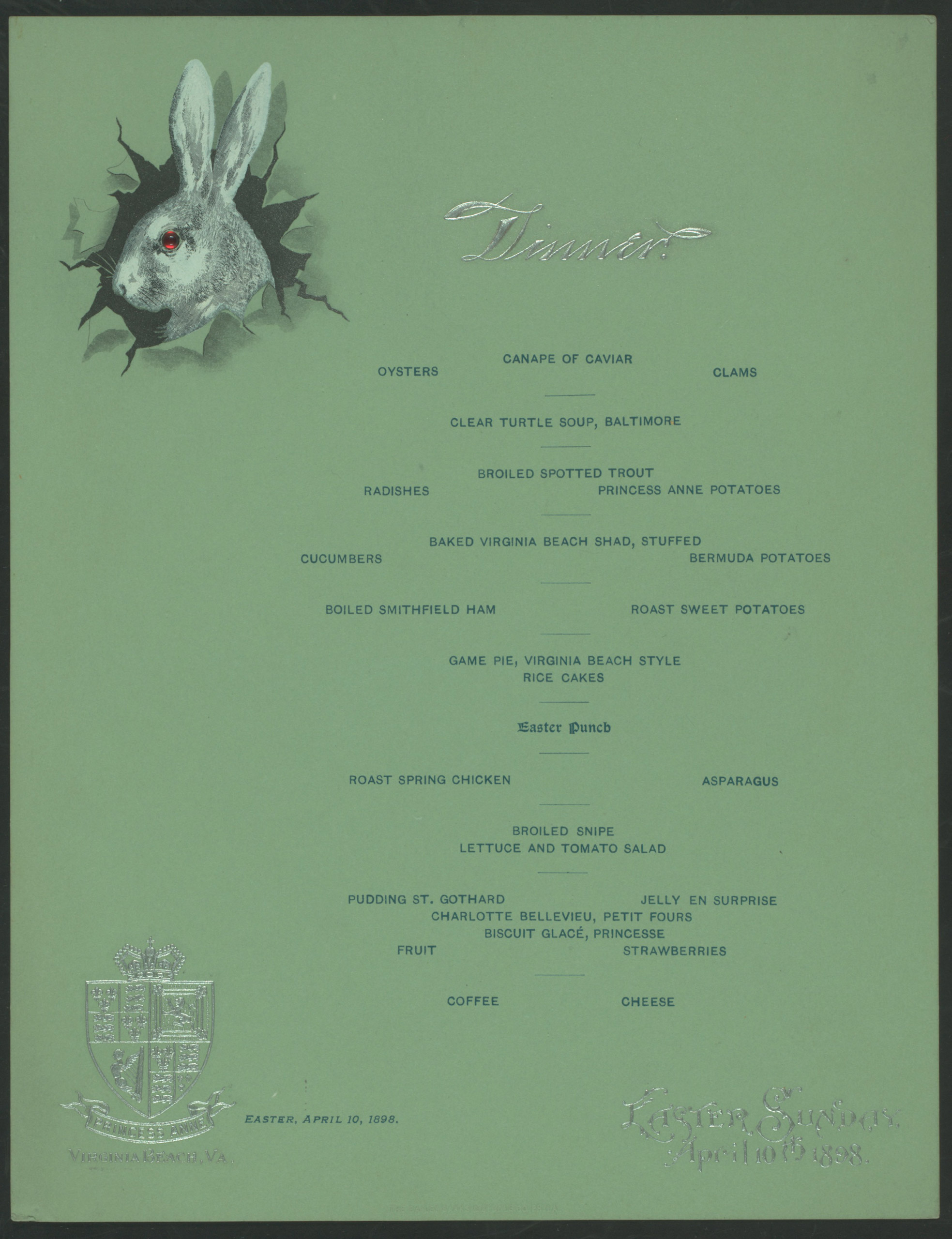 Easter Sunday dinner at the Princess Anne Hotel in Virginia Beach, VA. 1898.