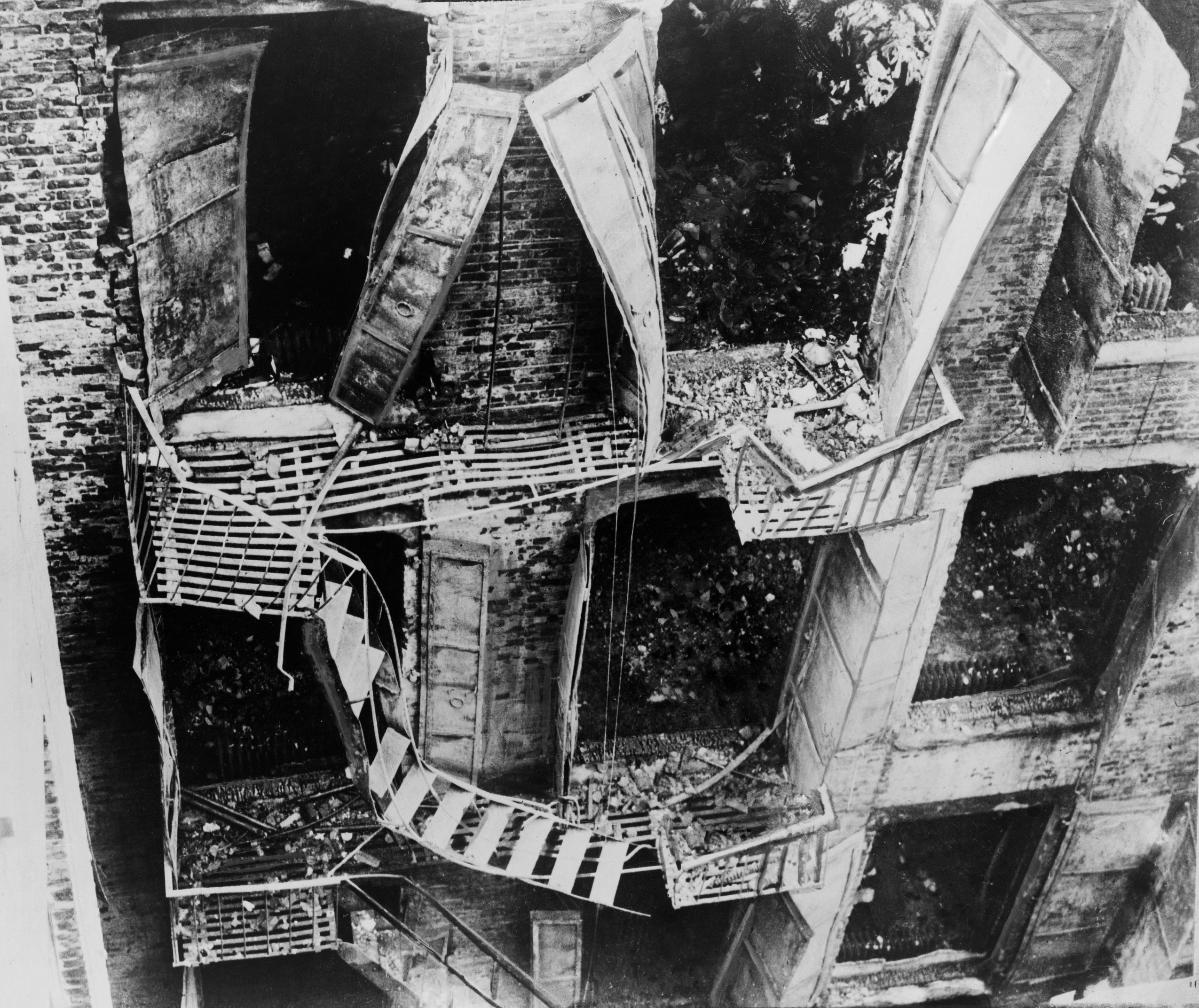 Triangle Shirtwaist Factory fire escape collapsed during the March 15, 1911 fire. 146 died, either from fire, jumping or falling to the pavement.