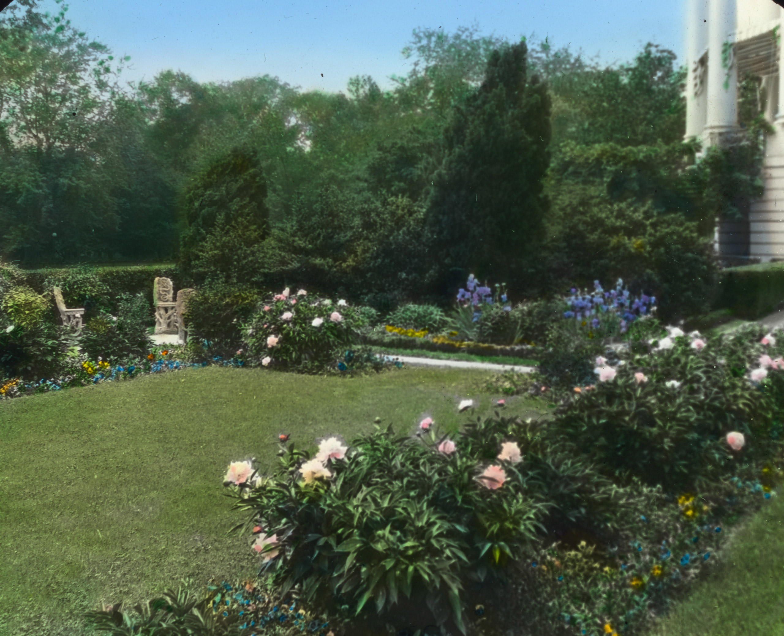 Spring in the East Garden 1920s is full of peonies, pansies and irises in this hand-colored glass slide by Frances Benjamin Johnston.
