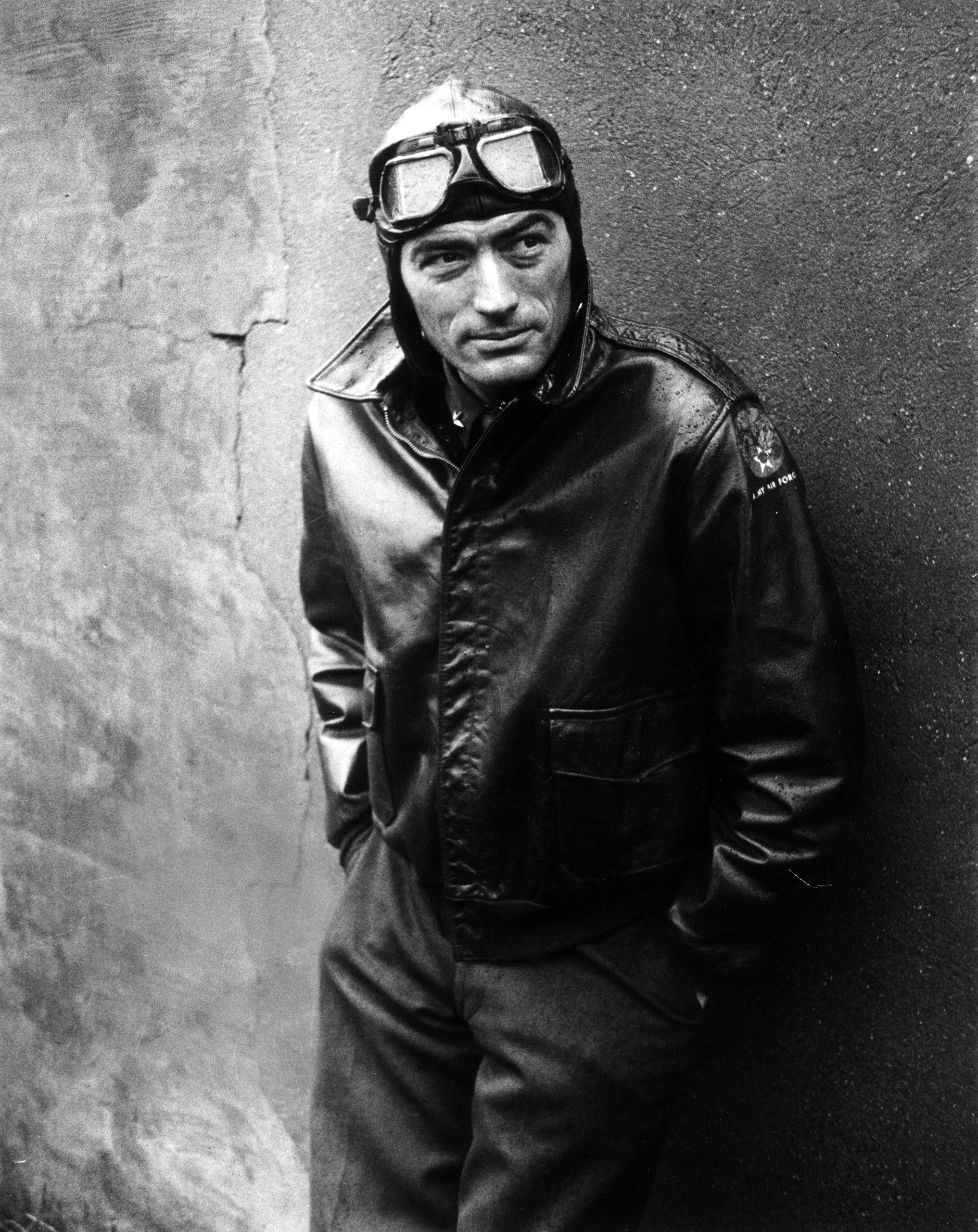Gregory Peck costumed as WWII American Air Forces bomber pilot for movie "Twelve O'Clock High." 1950.