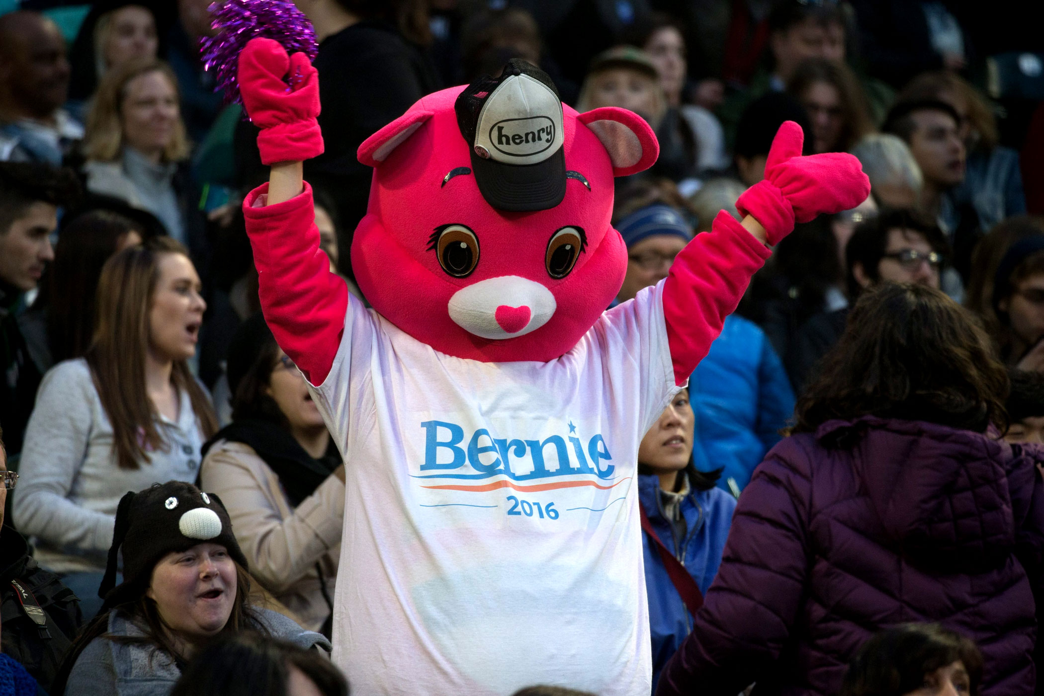 A person dressed as a Care Bear cheers during a campaign rally for Democratic presidential candidate, Vermont Sen. Bernie Sanders in Seattle, on March 25, 2016.