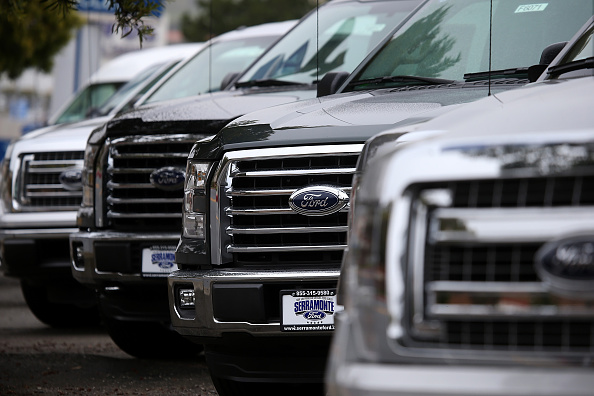 New Ford F-150 pickups are displayed on the sales lot at Serramonte Ford on April 28, 2015 in Colma, California. Justin Sullivan&mdash;Getty Images (Justin Sullivan&mdash;Getty Images)