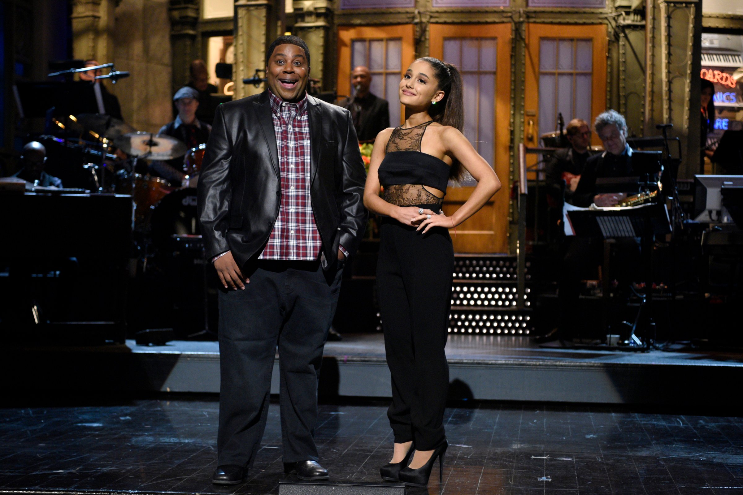 Kenan Thompson and host Ariana Grande during the Saturday Night Live monologue on March 12, 2016.