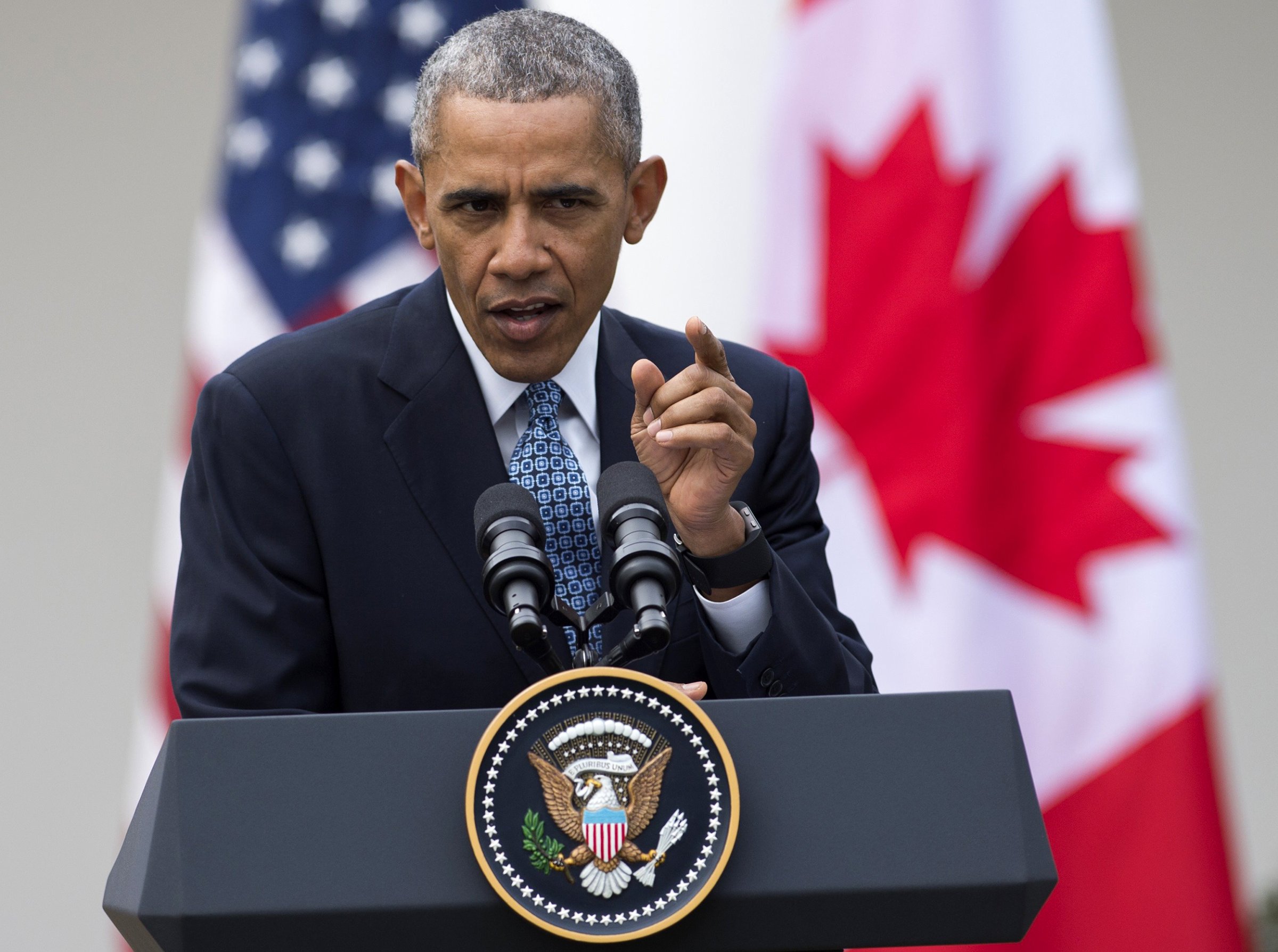 Barack Obama speaks during a press conference with Canadian Prime Minister Justin Trudeau in the Rose Garden of the White House in Washington, DC, on March 10, 2016.