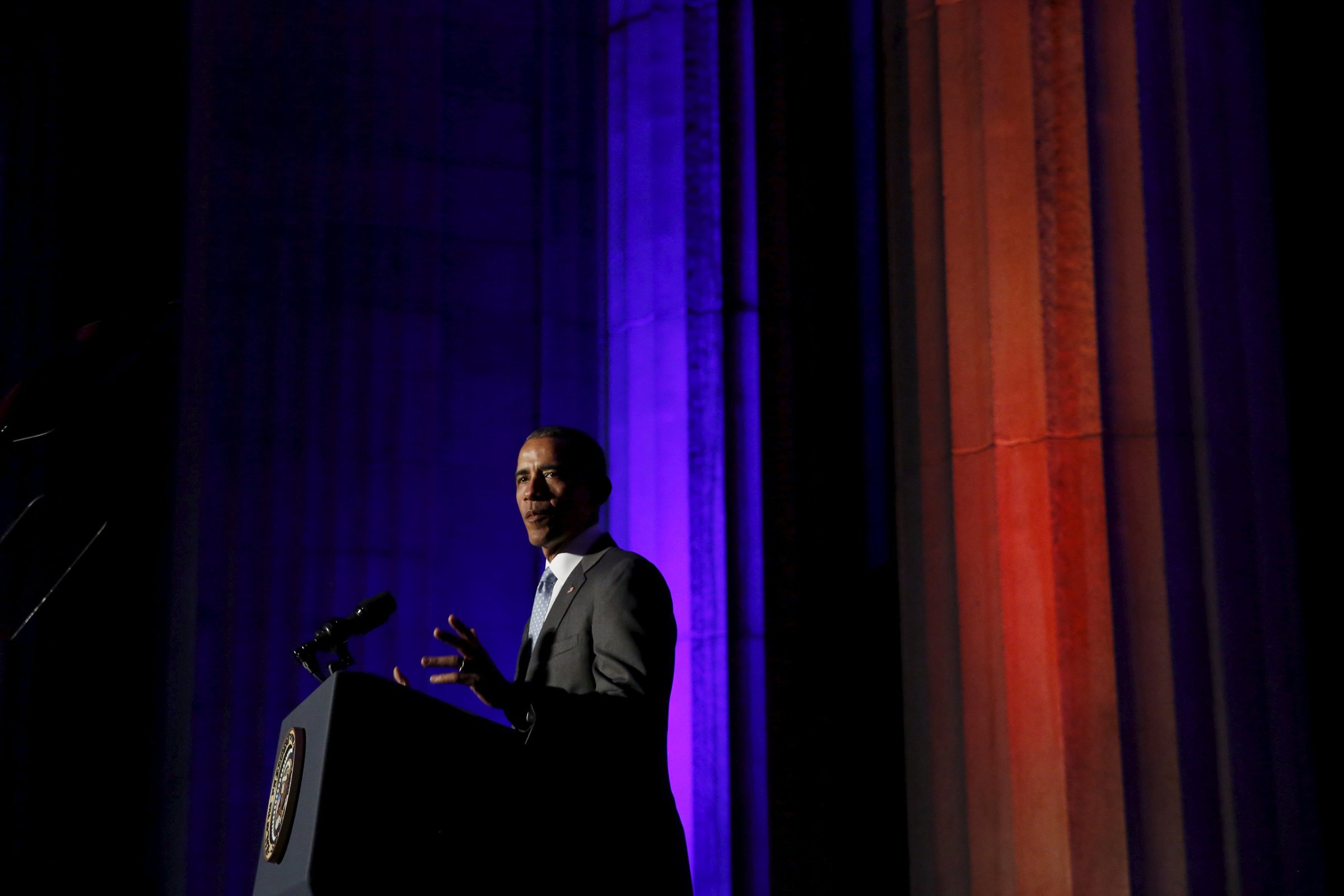 U.S. President Barack Obama delivers the keynote address at the awards dinner for Syracuse University's Toner Prize for Excellence in Political Reporting at the Andrew W. Mellon Auditorium in Washington March 28, 2016. REUTERS/Yuri Gripas