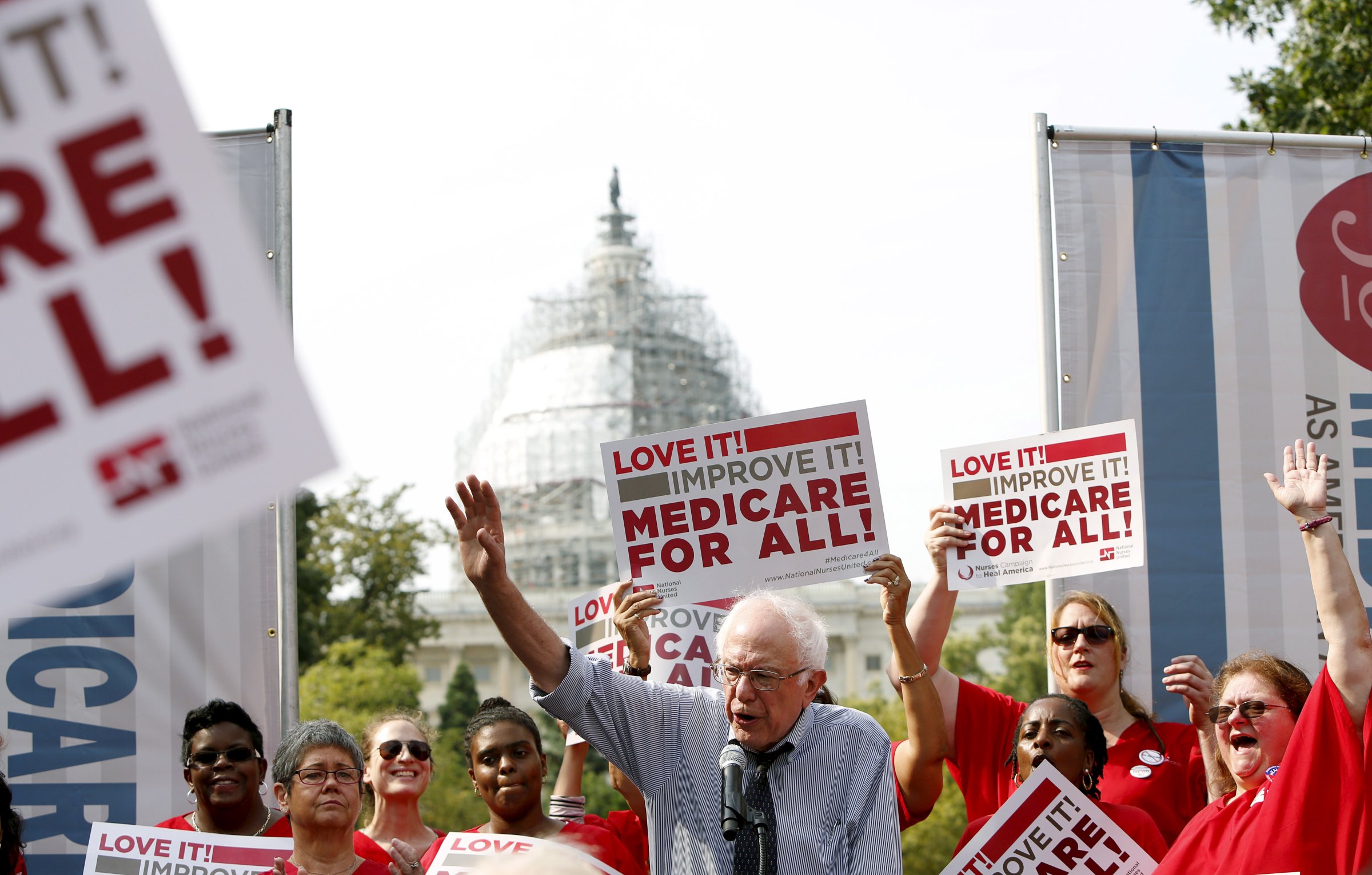 Democratic presidential candidate Bernie Sanders delivers remarks at a National Nurses United event to honor Medicare and Medicaid's 50th anniversary on Capitol Hill in Washington on July 30, 2015.