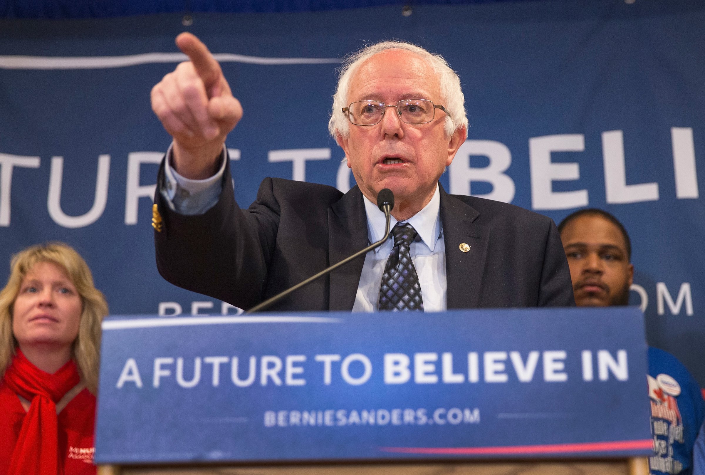 Bernie Sanders holds a press conference on March 3, 2016 in East Lansing, Mich.