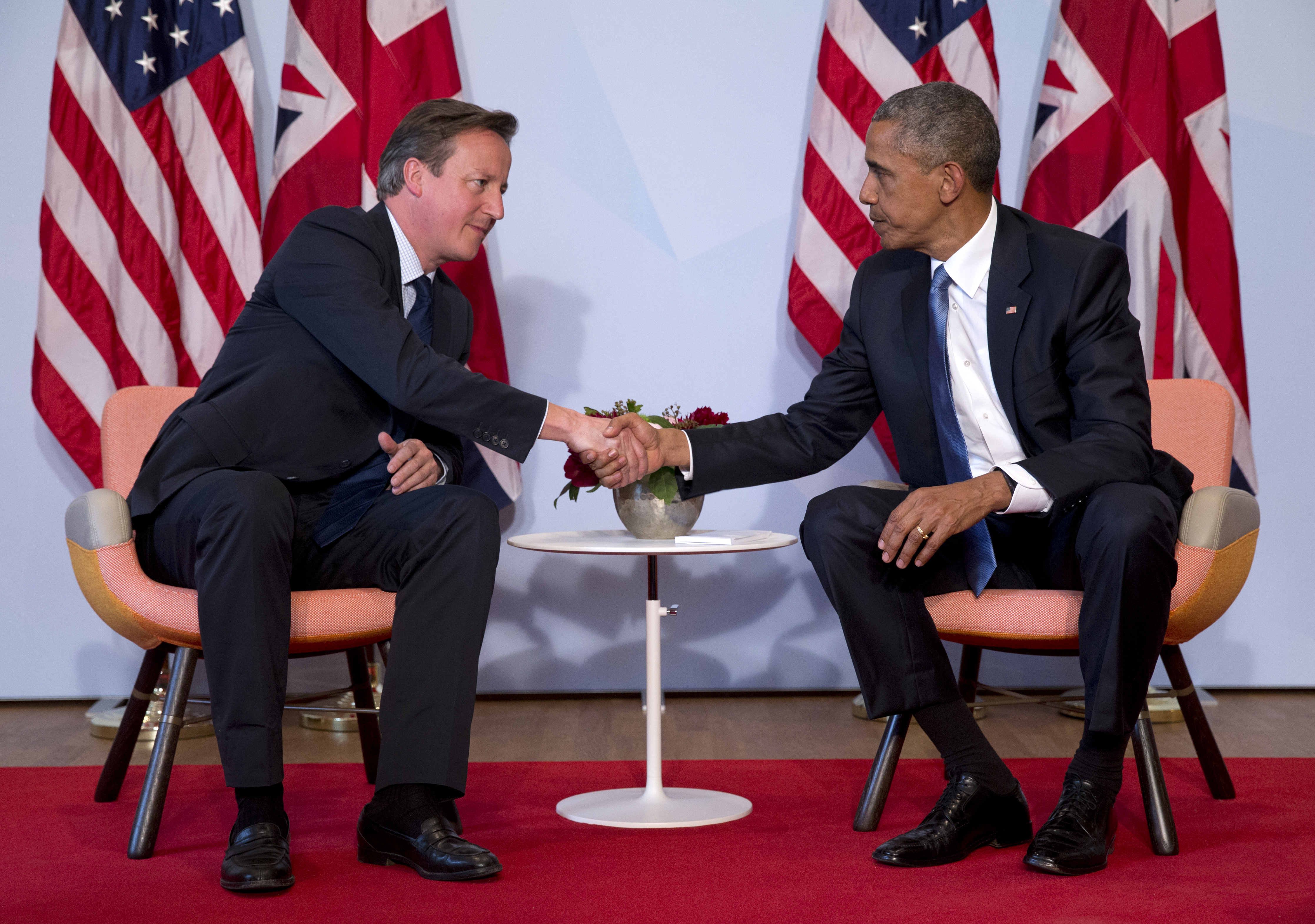 US President Barack Obama and British Prime Minister David Cameron shake hands during a bilateral meeting during the G-7 summit in Schloss Elmau hotel near Garmisch-Partenkirchen, southern Germany, June 7, 2015. (Carolyn Kaster—AP)