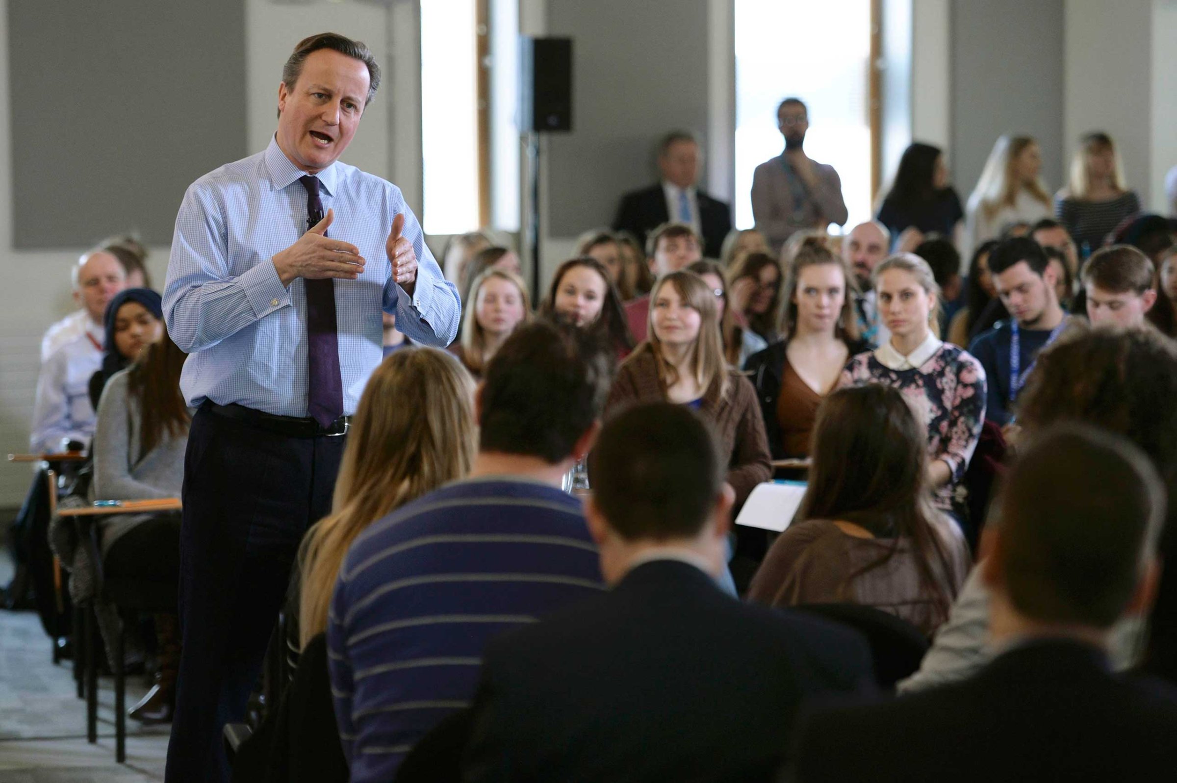British Prime Minister David Cameron holds a question and answer session with students at University Campus Suffolk in Ipswich, Britain Feb. 29, 2016.