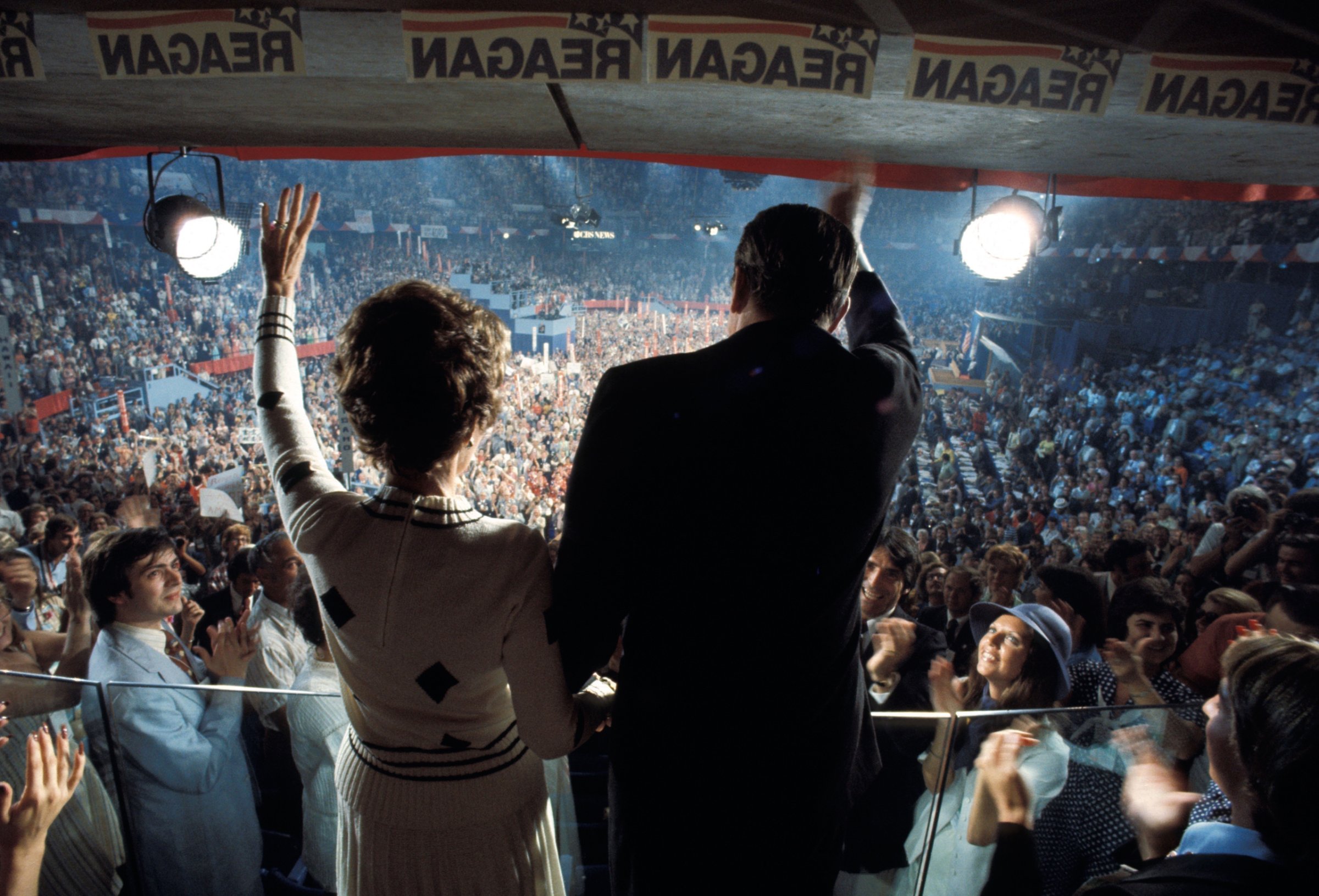 The Reagans wave to the crowd at the 1976 GOP Convention in Kansas City, where he narrowly lost the nomination to Ford