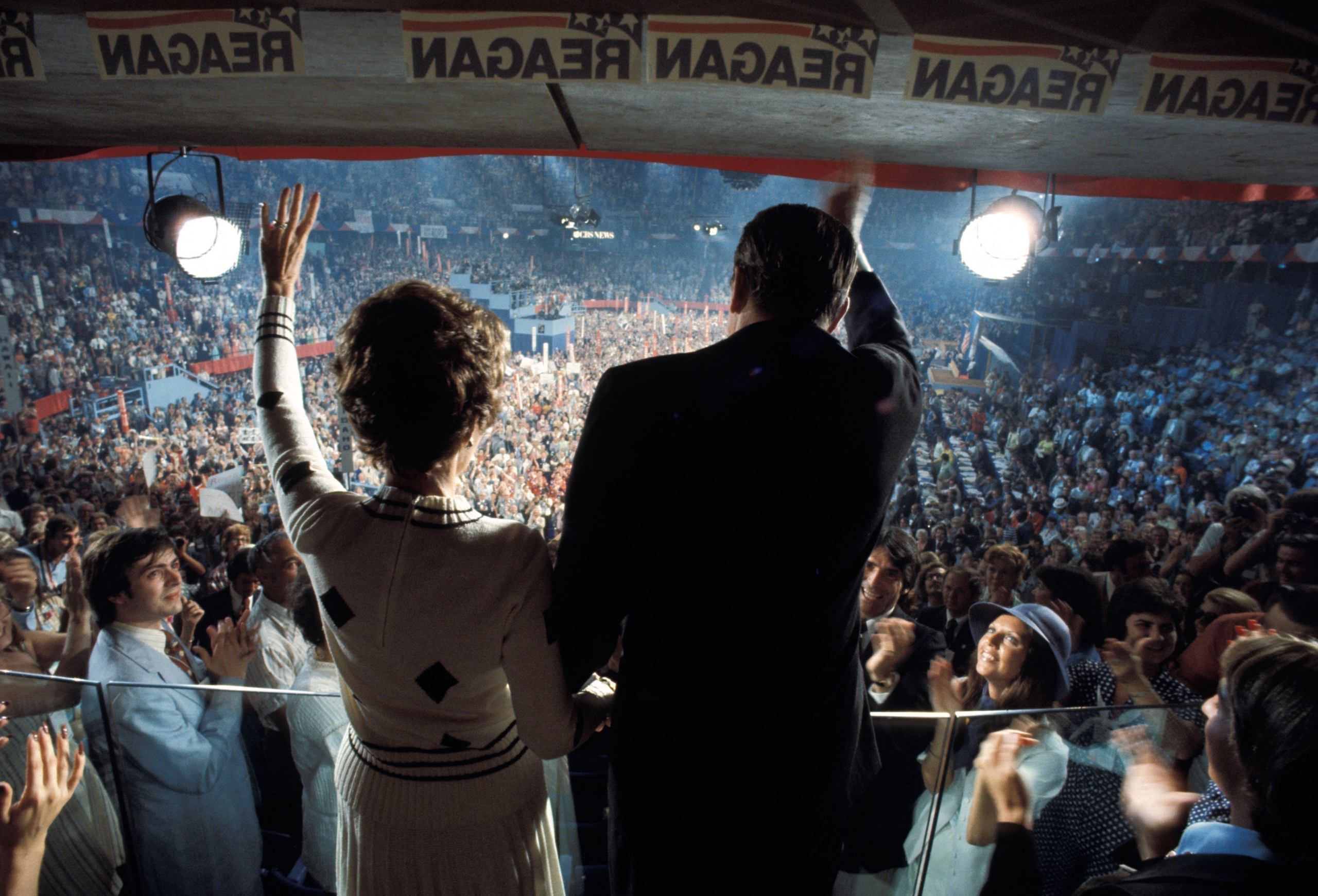 The Reagans wave to the crowd at the 1976 GOP Convention in Kansas City, where he narrowly lost the nomination to Ford (Michael A. W. Evans—ZUMA)