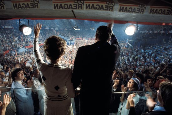 The Reagans wave to the crowd at the 1976 GOP Convention in Kansas City, where he narrowly lost the nomination to Ford