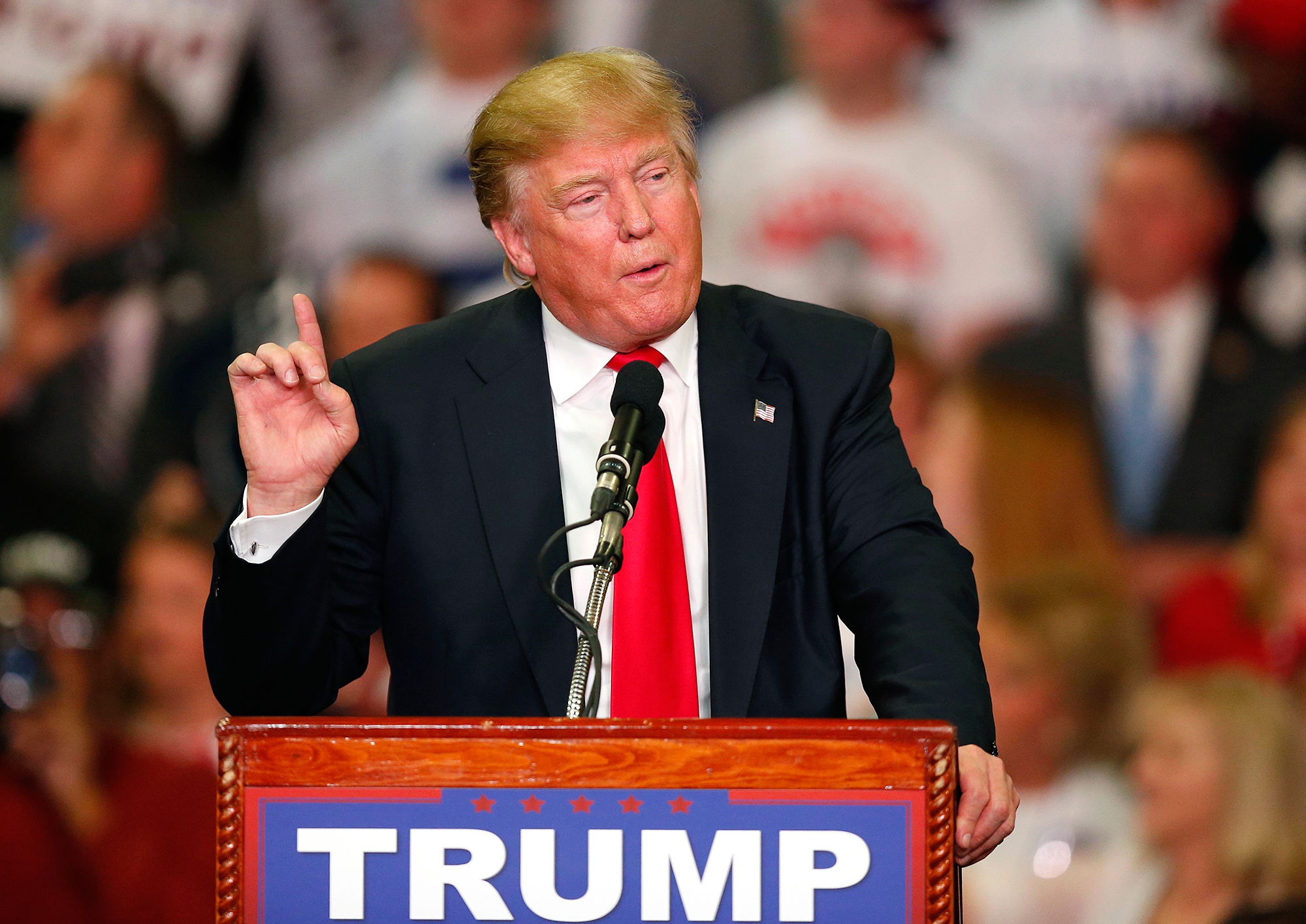 Donald Trump speaks during a campaign rally on March 7, 2016, in Madison, Miss.