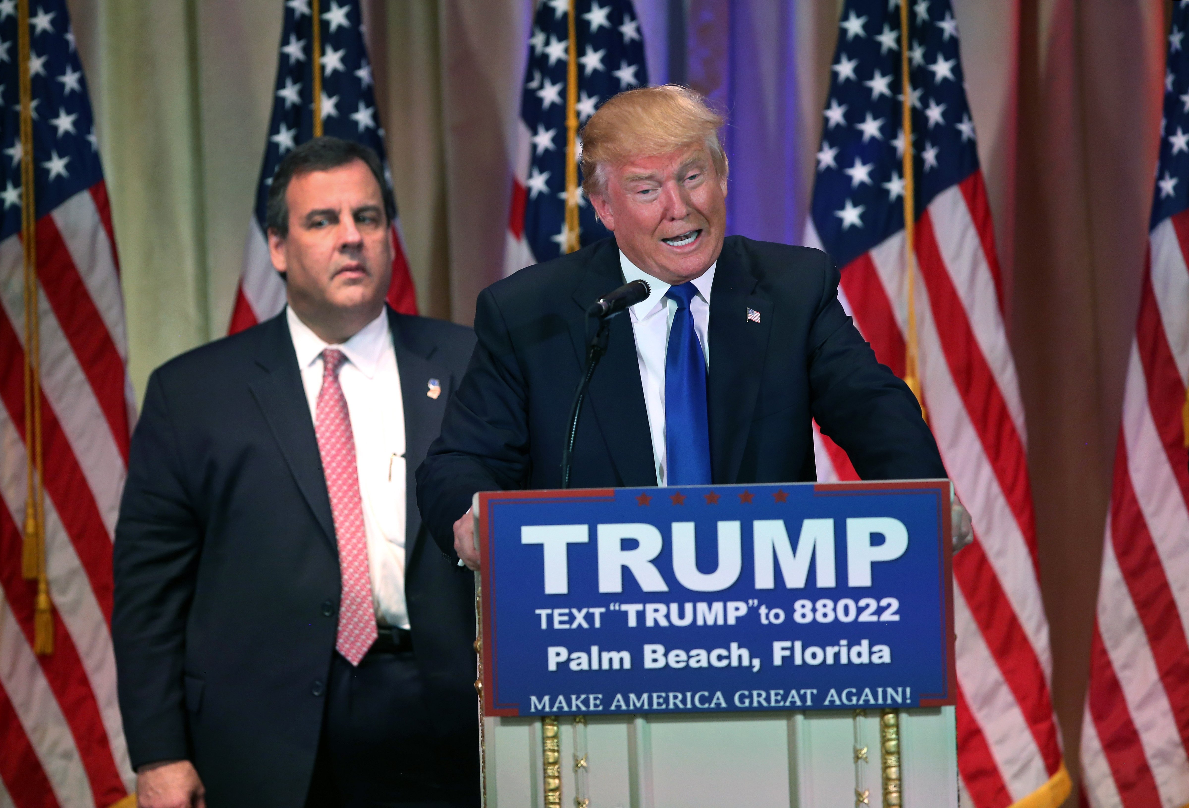 Chris Christie accompanies Donald Trump at a press conference on March 1, 2016 in Palm Beach, Fla. (John Moore—Getty Images)
