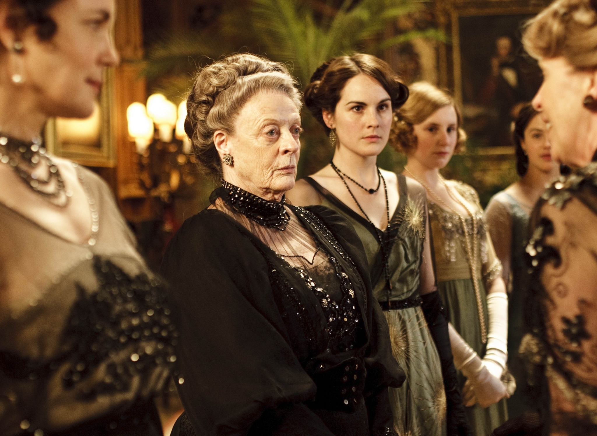 Maggie Smith, Elizabeth McGovern, Penelope Wilton, Michelle Dockery, Jessica Brown Findlay Laura Carmichael in a scene from 'Downton Abbey.'