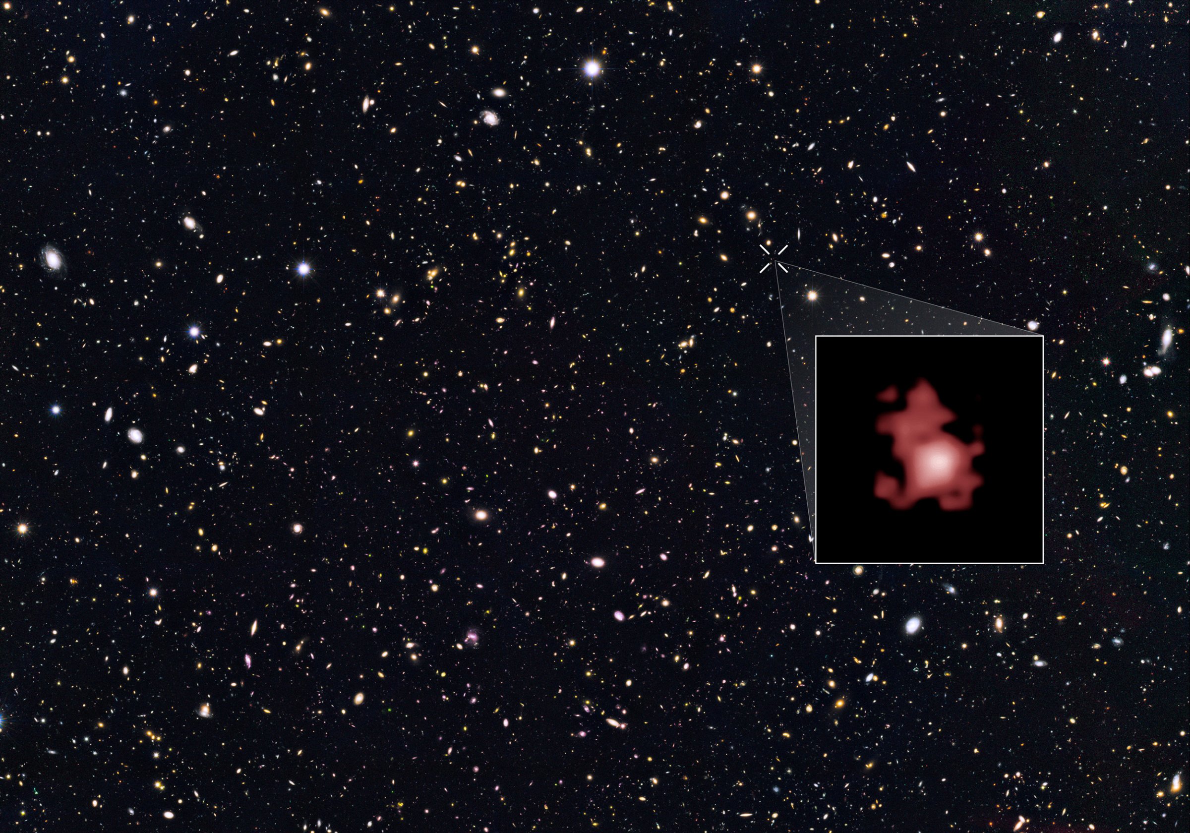 This image shows the position of the most distant galaxy discovered so far within a deep sky Hubble Space Telescope survey called GOODS North (Great Observatories Origins Deep Survey North). The remote galaxy GN-z11, shown in the inset, existed only 400 million years after the Big Bang, when the Universe was only 3 percent of its current age. It belongs to the first generation of galaxies in the Universe and its discovery provides new insights into the very early Universe.