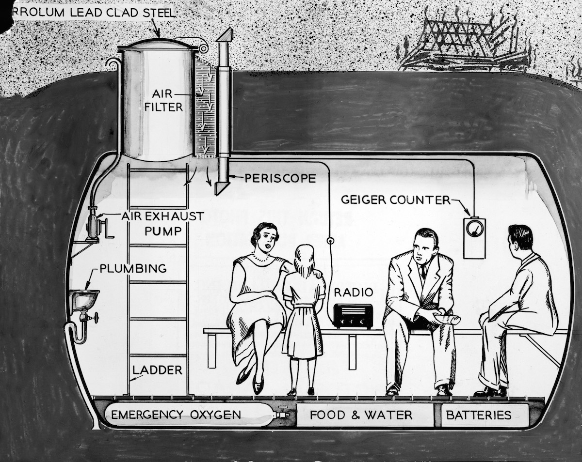 Cross-section illustration depicting a family in their underground lead fallout shelter, equipped with a geiger counter, periscope, air filter, etc., early 1960s. (Pictorial Parade / Getty Images)