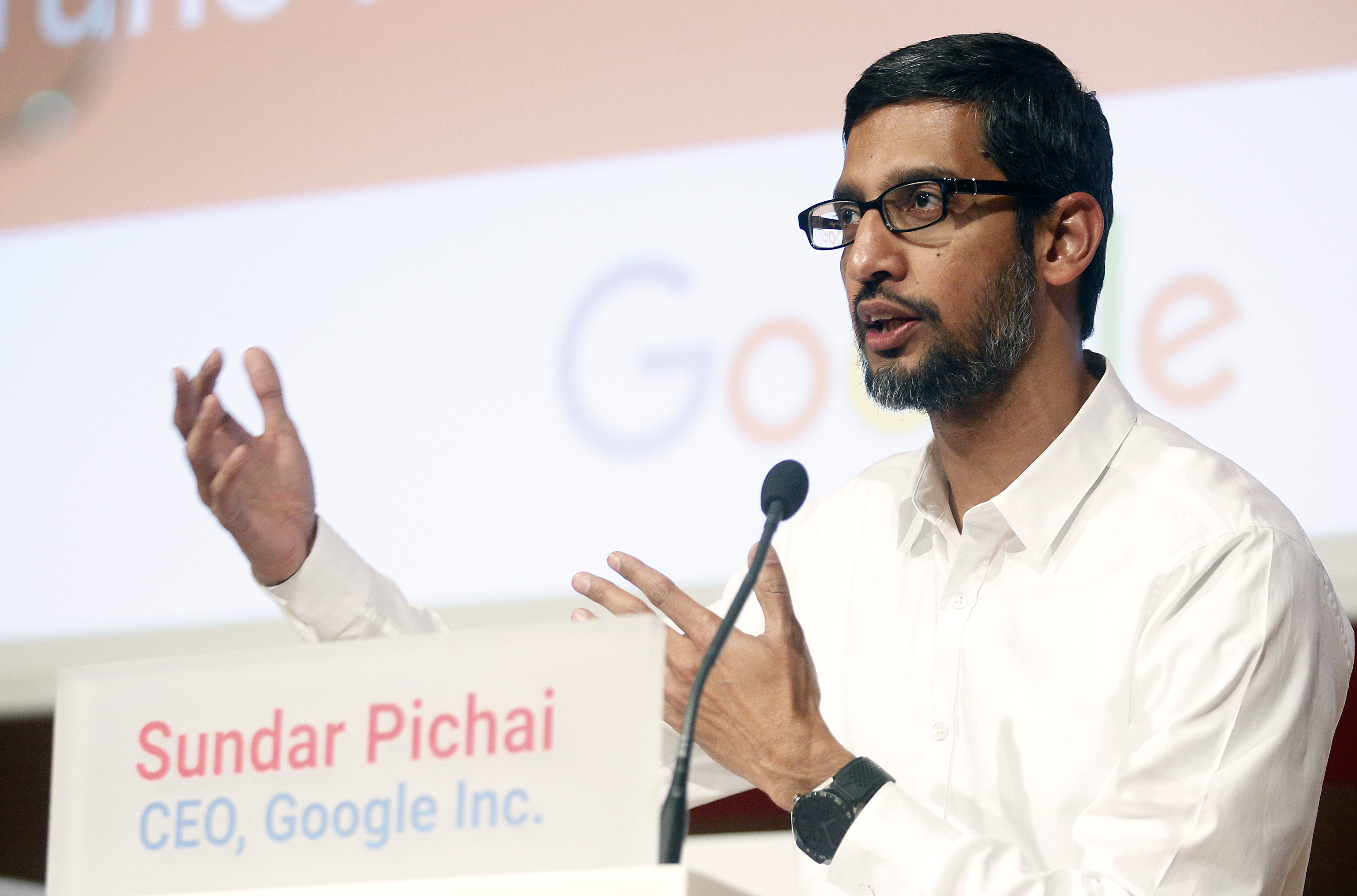 Google CEO, Sundar Pichai delivers a speech to the Sciences Po students on February 24, 2016 in Paris, France. (Chesnot—Getty Images)