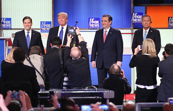 Republican presidential candidates (Lto R) Sen. Marco Rubio (R-FL), Donald Trump, Sen. Ted Cruz (R-TX), and Ohio Gov. John Kasich participate in a debate sponsored by Fox News on March 3, 2016 in Detroit, Michigan.
