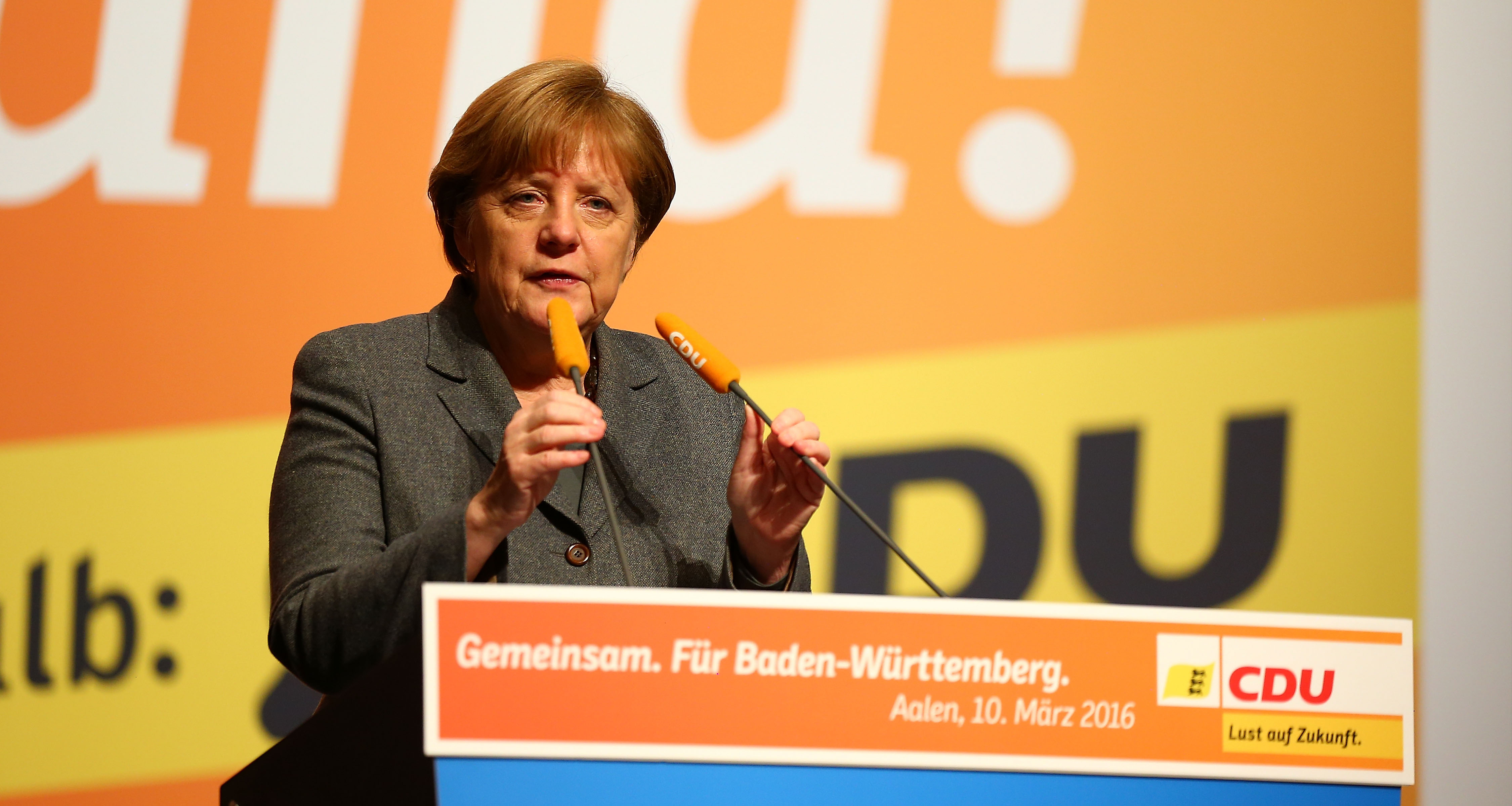 German Chancellor and Chairwoman of the German Christian Democrats (CDU) Angela Merkel speaks to supporters at a CDU campaign rally ahead of Baden-Wuerttemberg state elections on March 10, 2016 in Aalen, Germany. (Thomas Niedermueller&mdash;Getty Images)