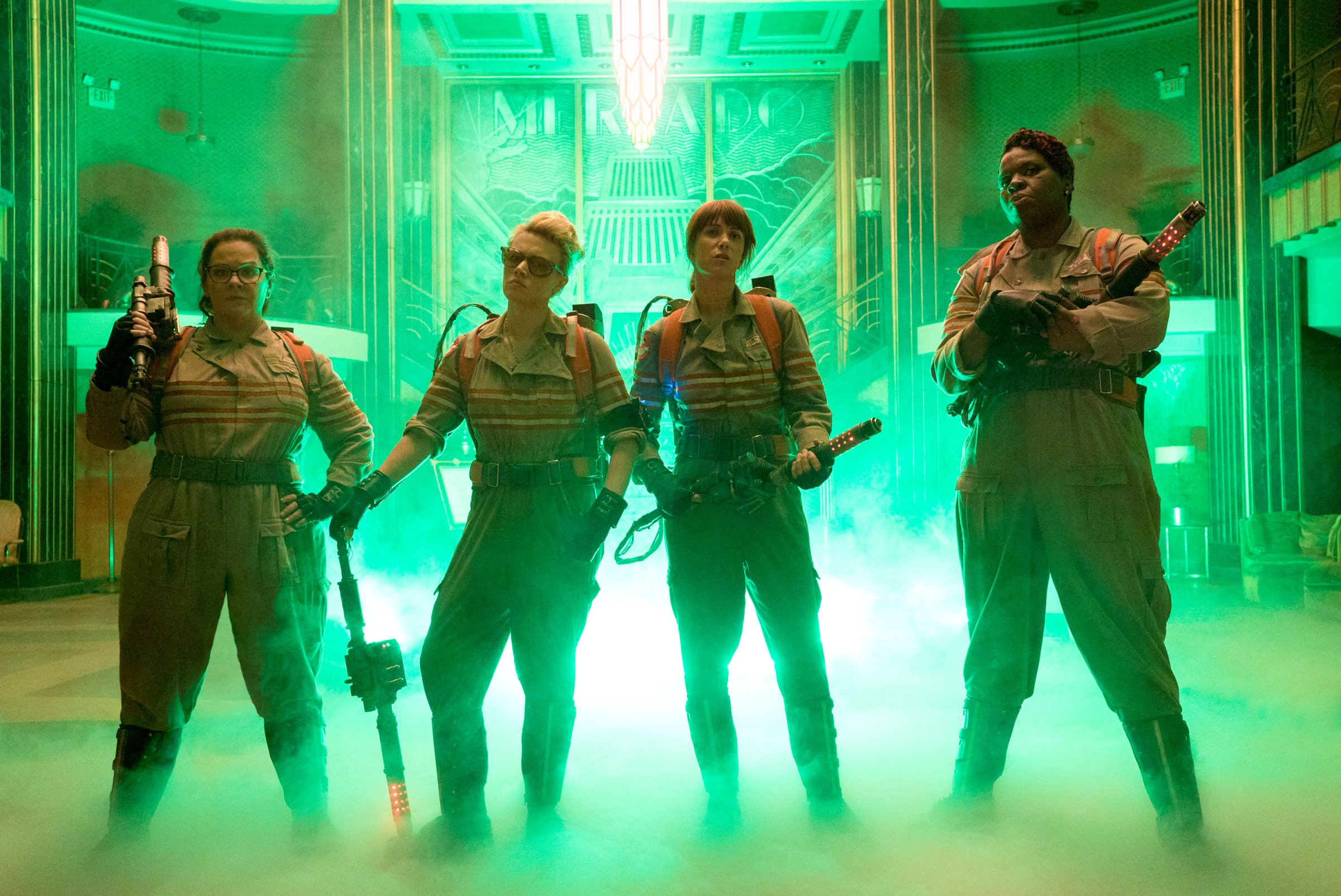 Melissa McCarthy as Abby, Kate McKinnon as Holtzmann, Kristen Wiig as Erin and Leslie Jones as Patty in Columbia Pictures' Ghostbusters.